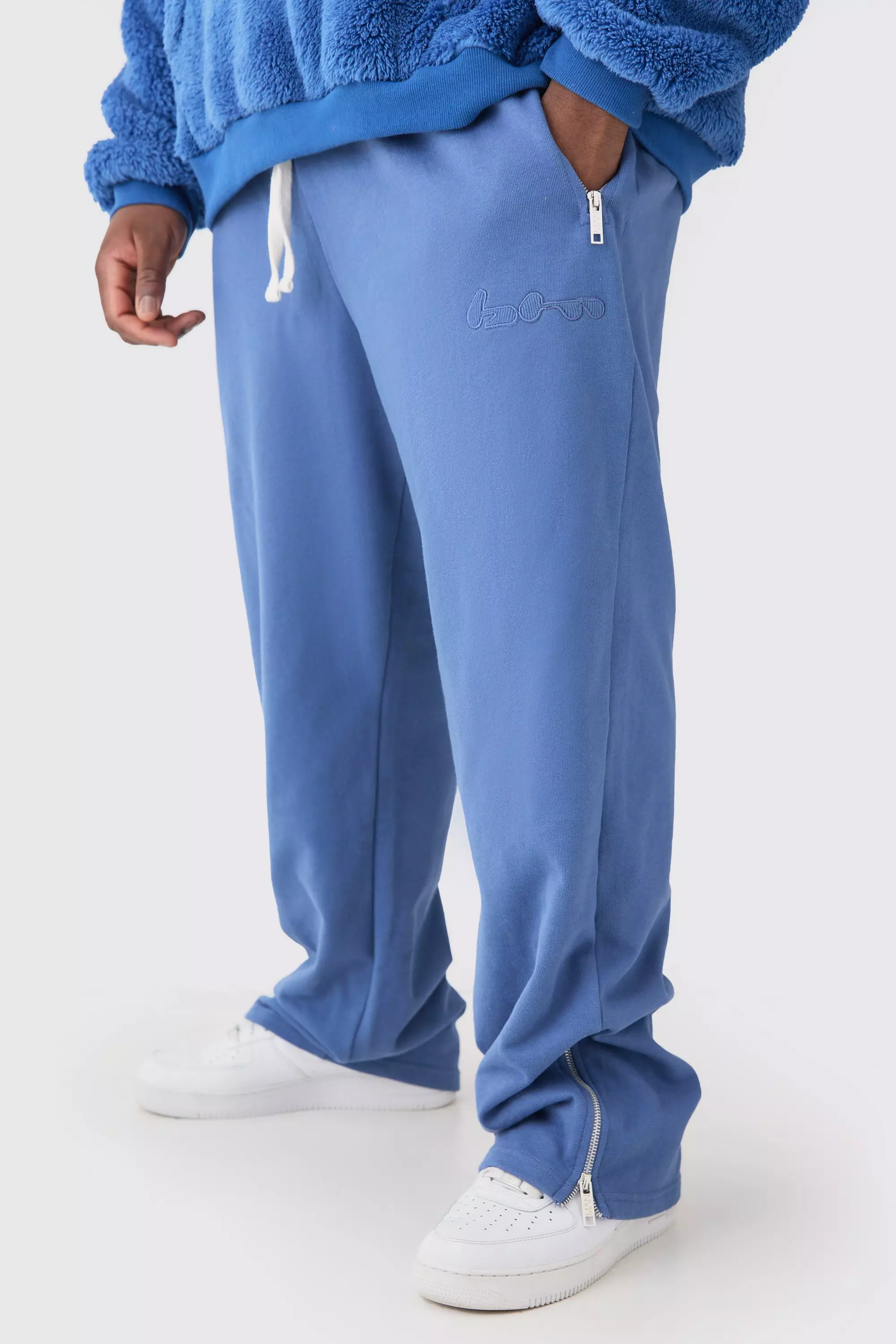 Plus Oversized Loopback Ribbed Applique Zip Sweatpants Blue