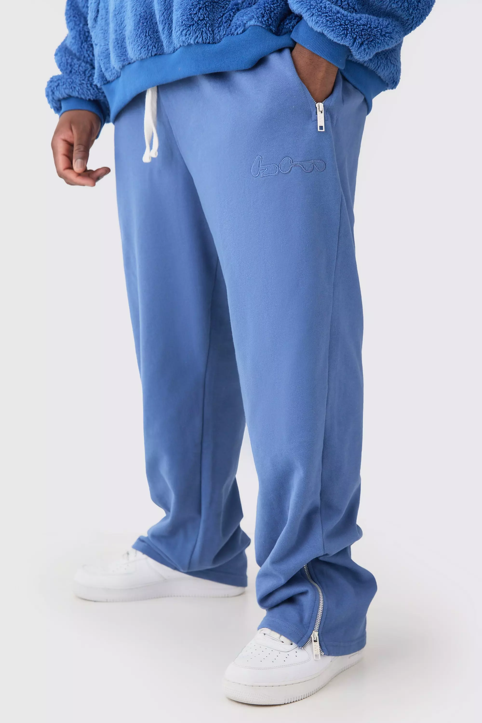 Plus Oversized Loopback Ribbed Applique Zip Jogger Blue