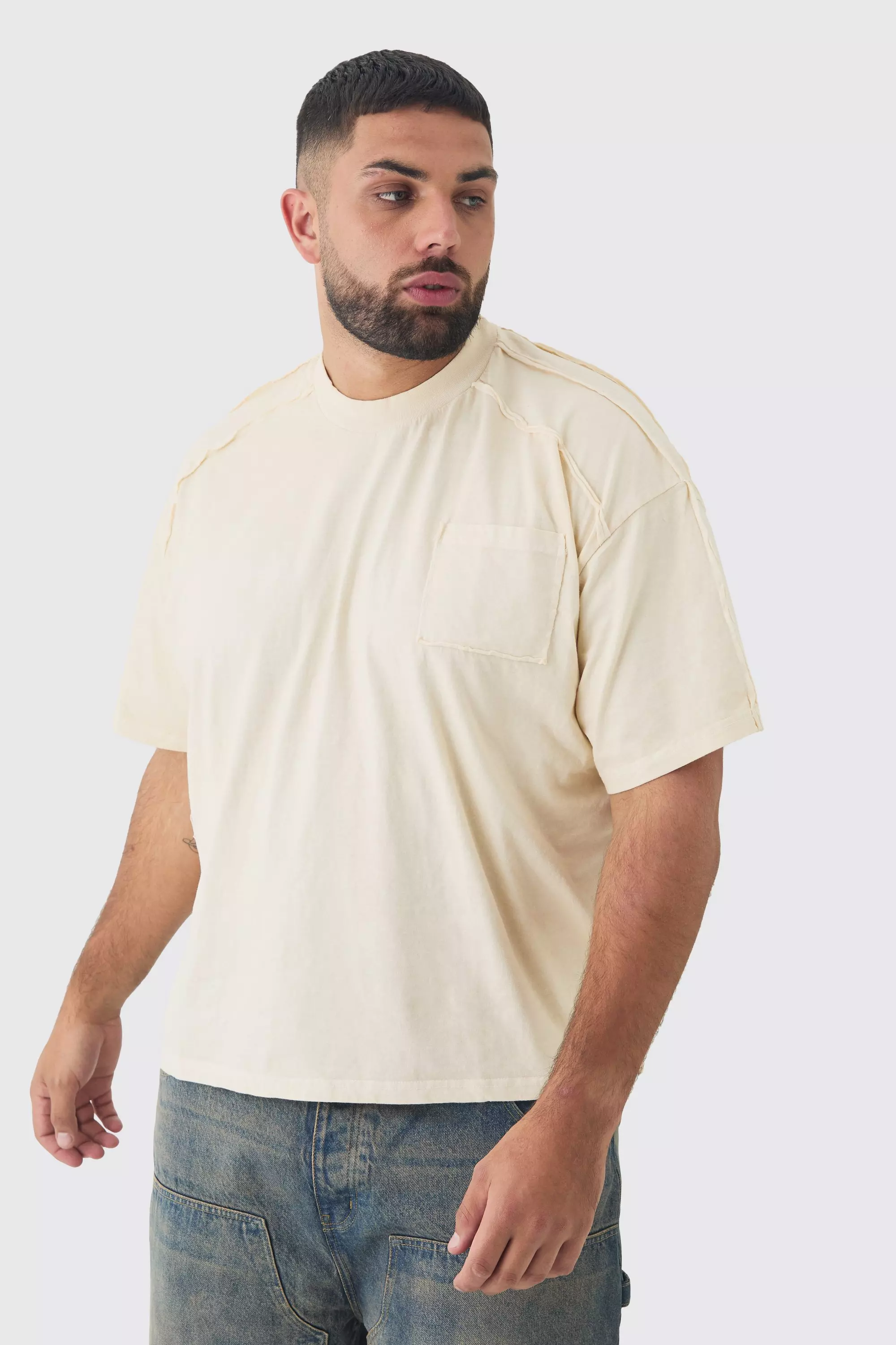 Plus Oversized Boxy Extended Neck Washed T-shirt Ecru