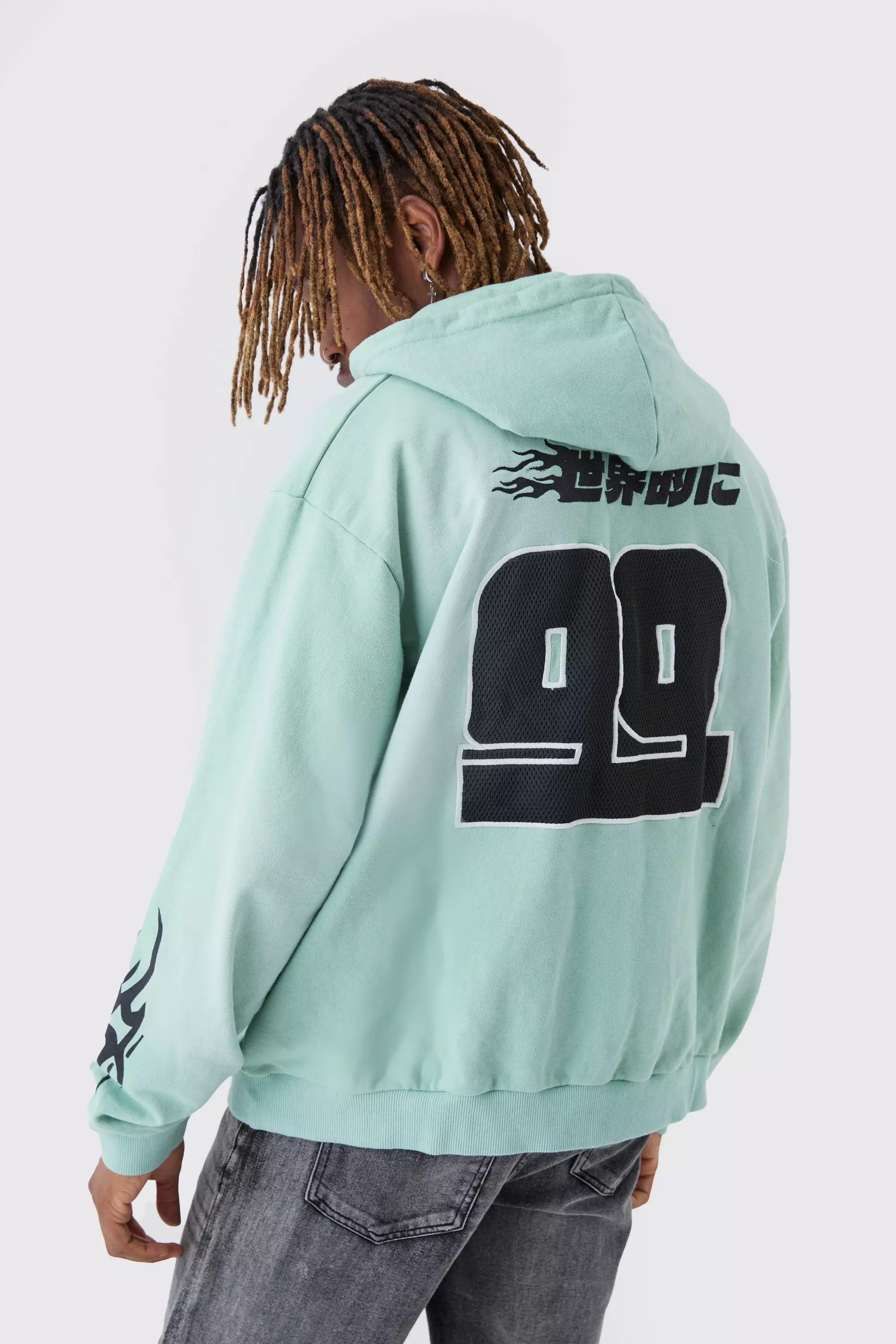 Tall Oversized Zip Thru Heavy Washed Applique Hoodie Mint