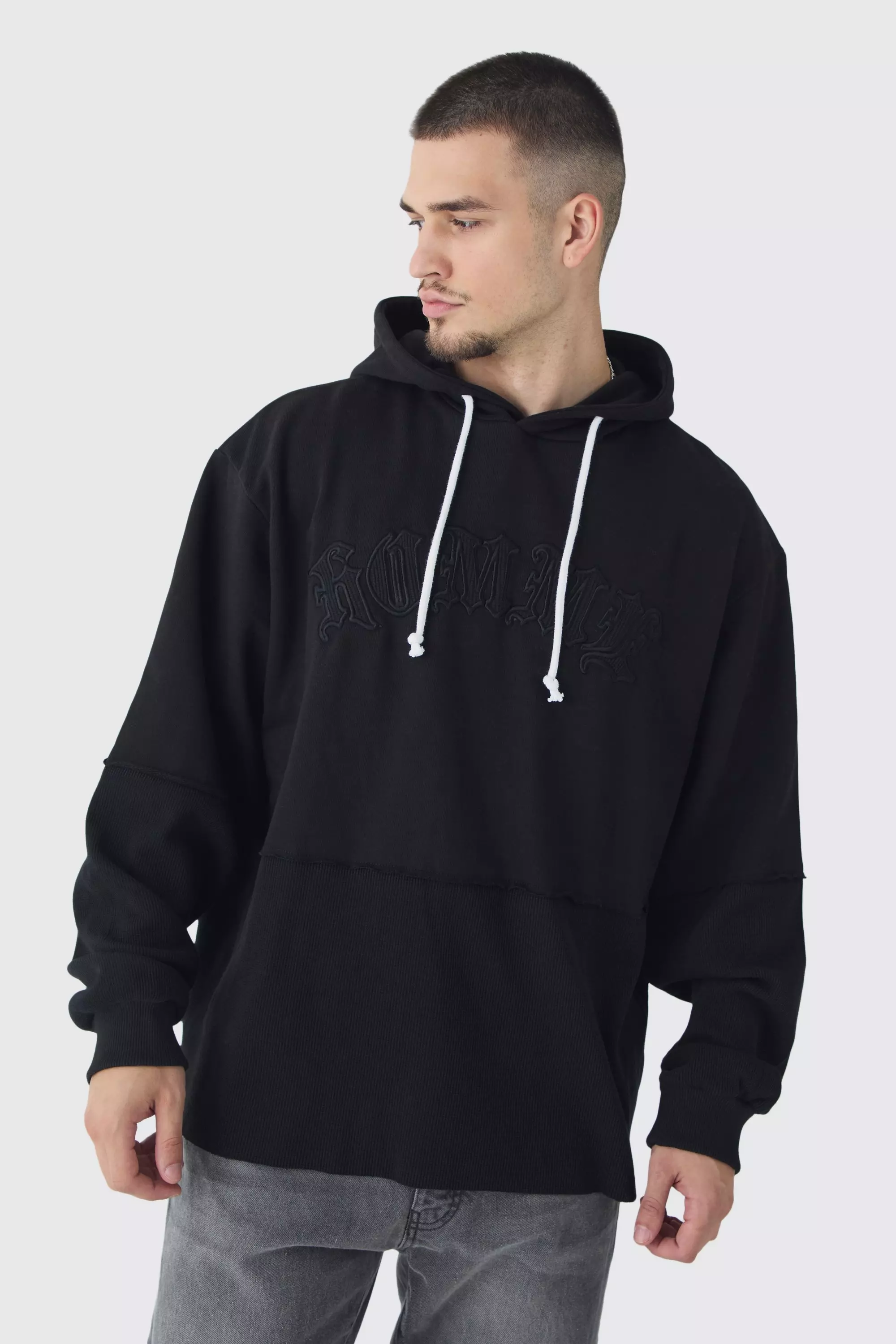 Tall Oversized Faux Layer Homme Waffle Hoodie Black