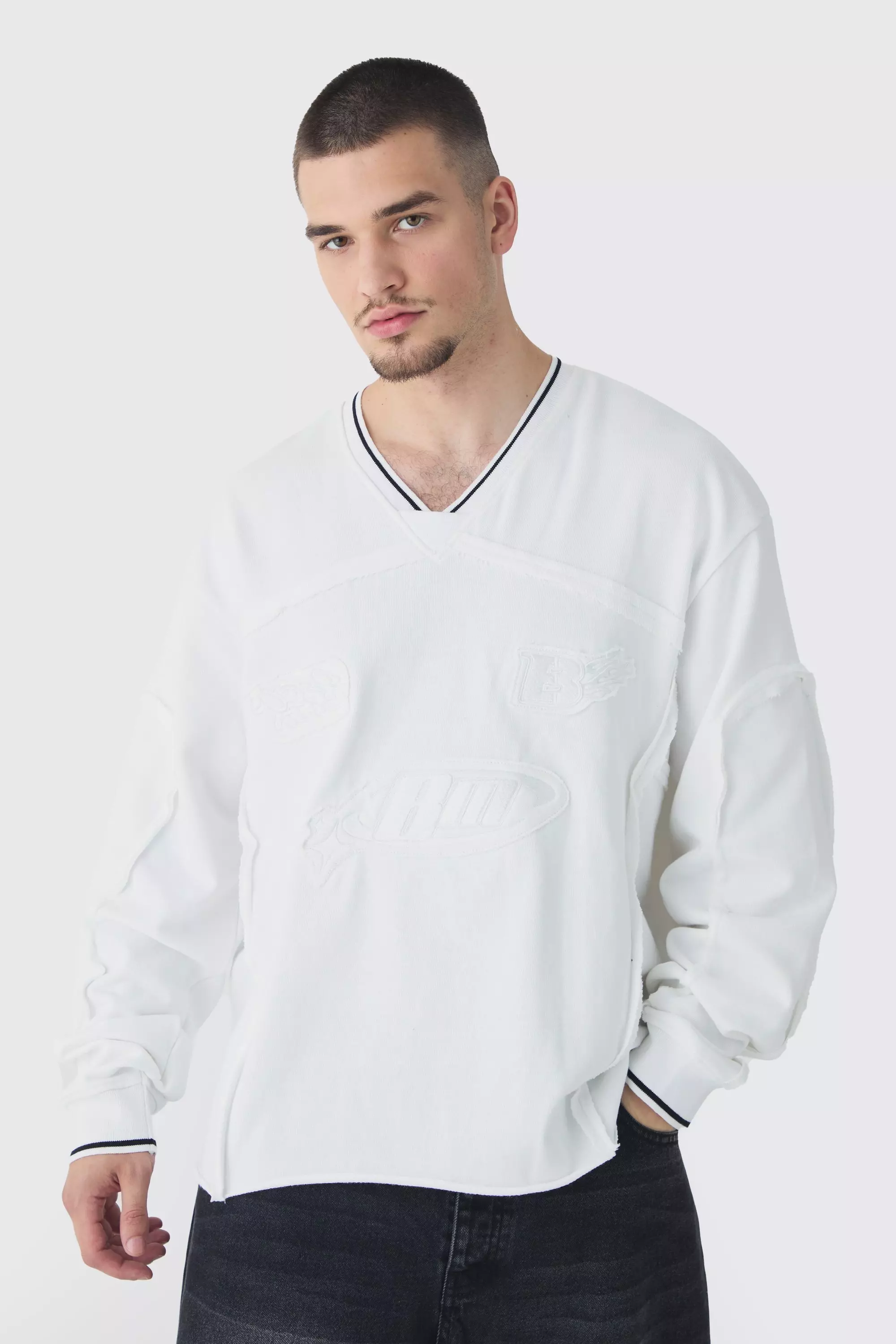 Tall Oversized Boxy Embroidered Sports Rib Sweatshirt White