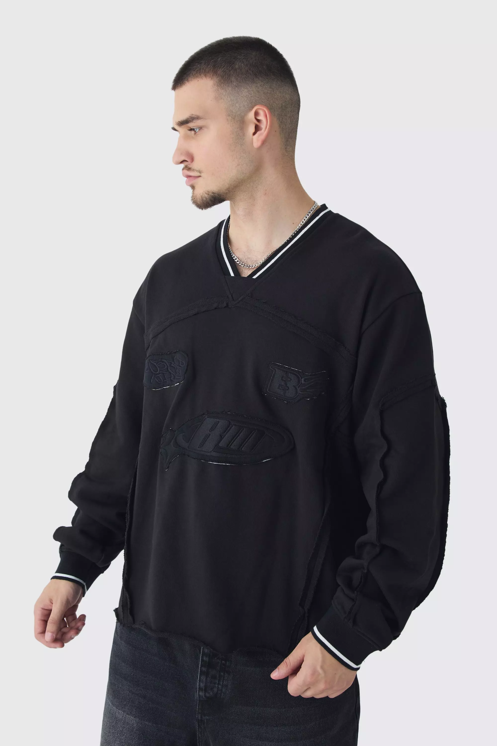 Tall Oversized Boxy Embroidered Sports Rib Sweatshirt Black