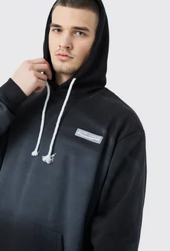 Black Tall Oversized Washed Loopback Rubber Badge Hoodie