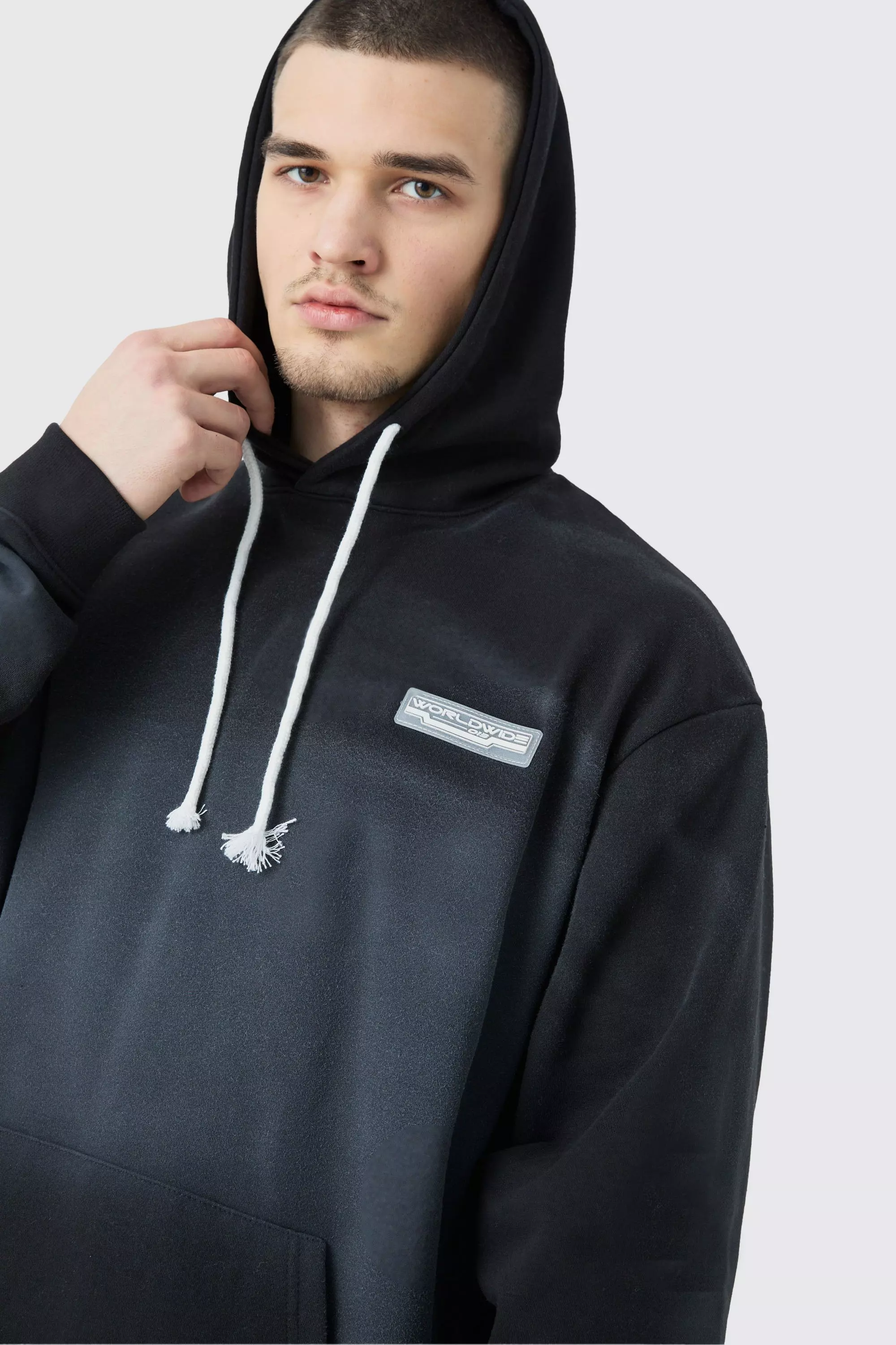 Tall Oversized Washed Loopback Rubber Badge Hoodie Black