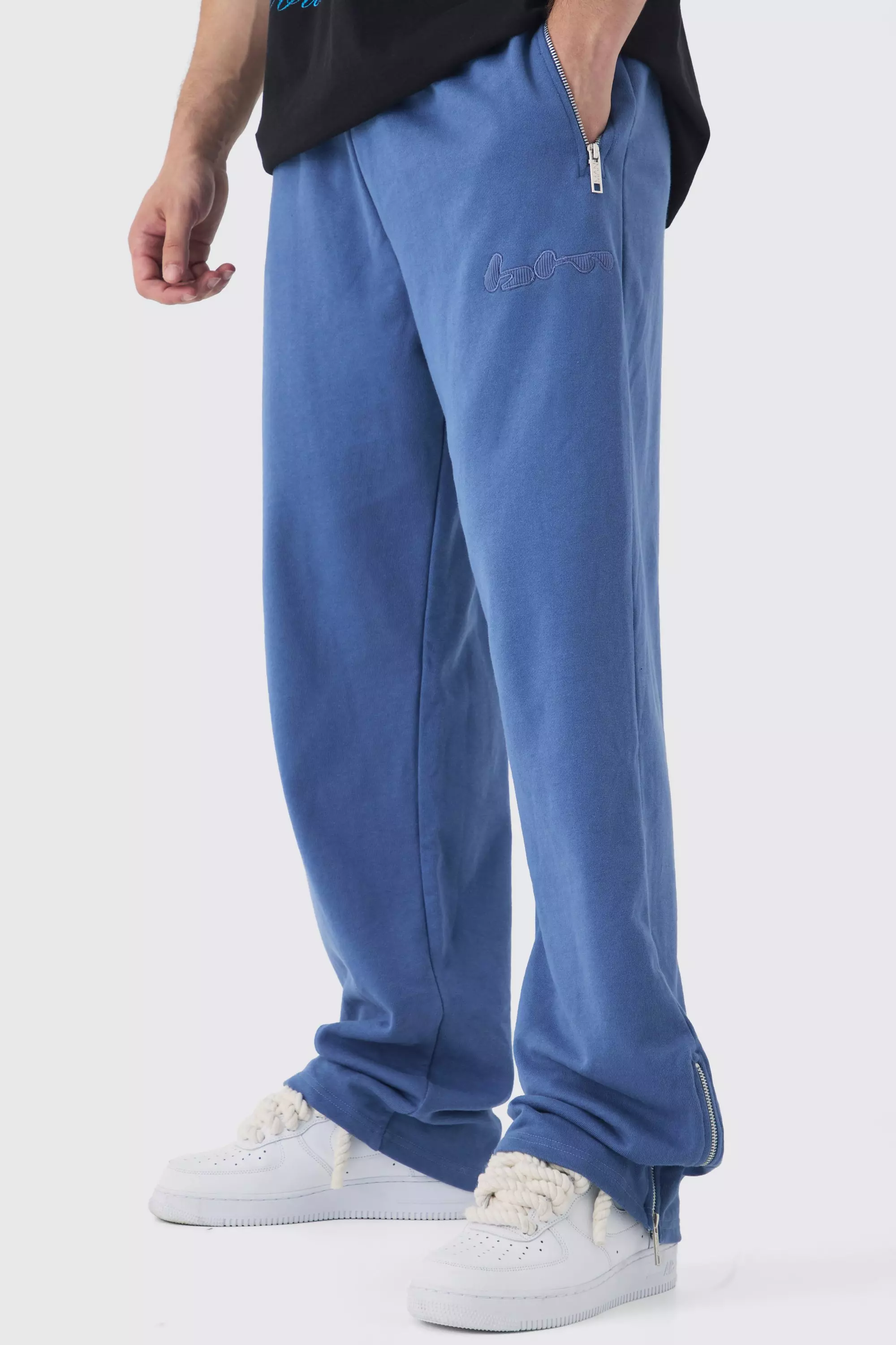 Tall Oversized Loopback Ribbed Applique Zip Sweatpants Blue