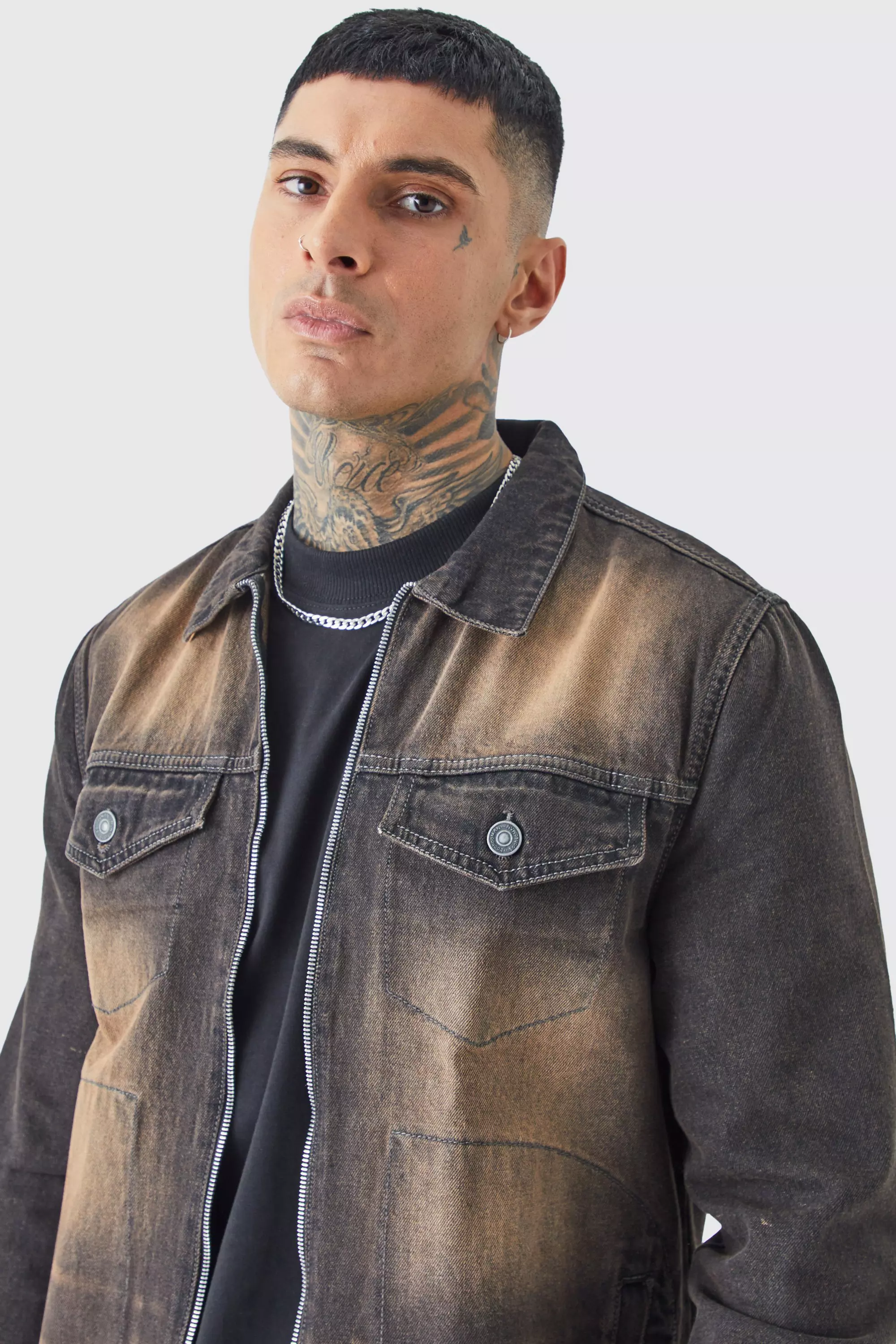 Brown Tall Zip Through Washed Jean Jacket