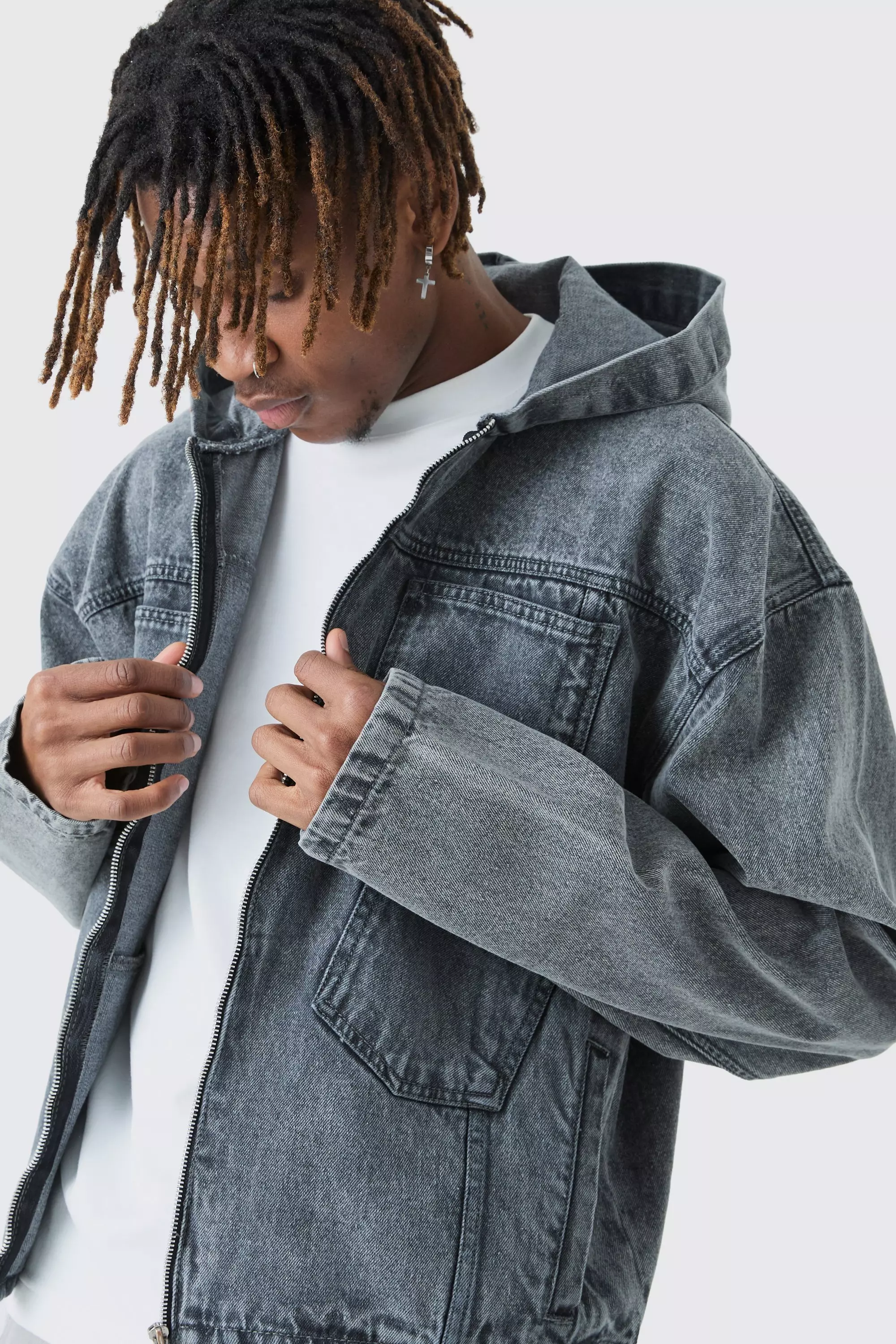 Charcoal Grey Tall Denim Acid Wash Tape Detail Hoodie