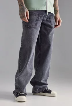 Charcoal Grey Tall Baggy Rigid Tape Detail Acid Wash Jeans