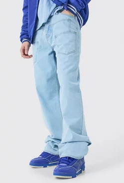 Tall Baggy Rigid Tape Detail Acid Wash Jeans Ice blue