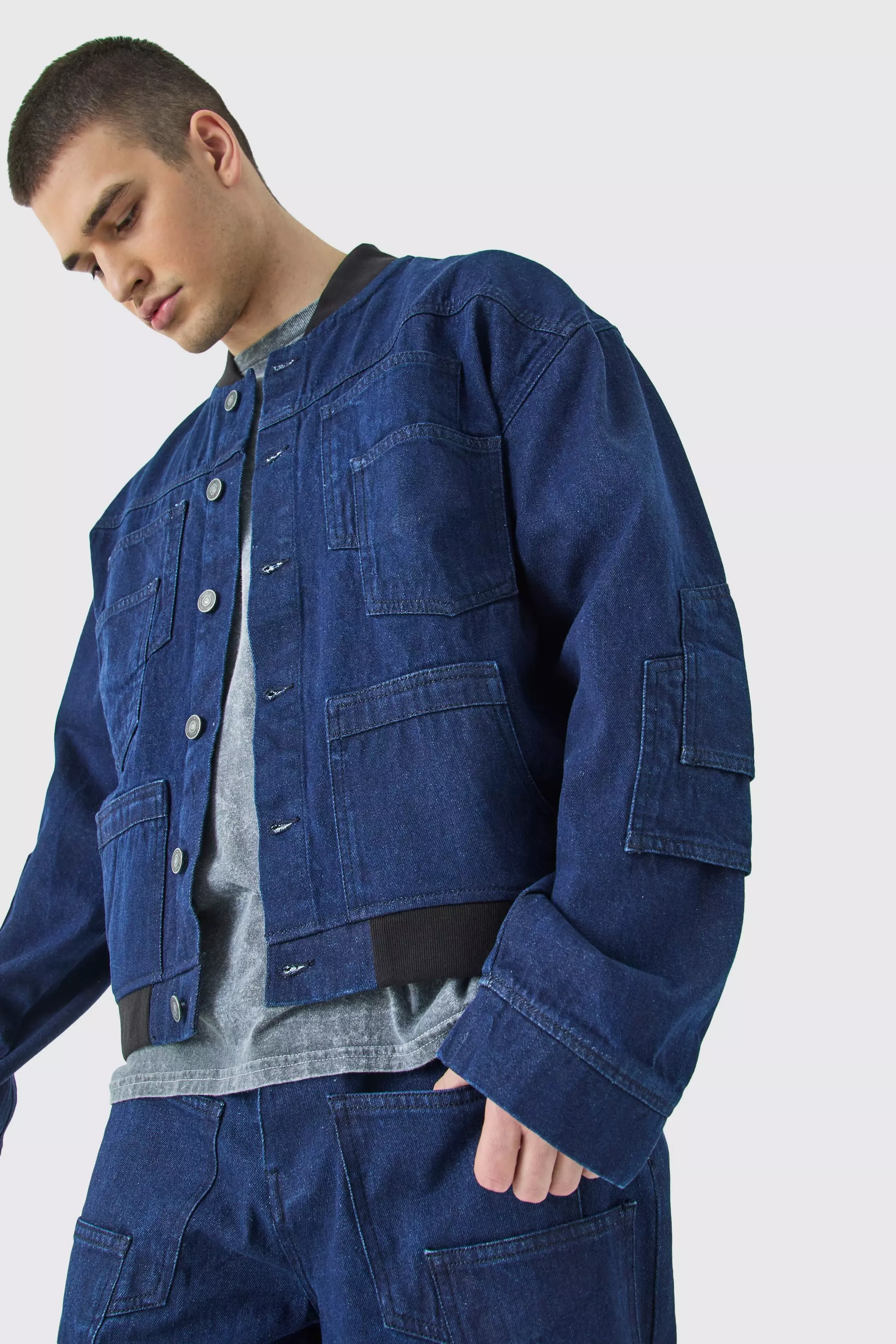 Tall Multi Pocket Denim Bomber Indigo