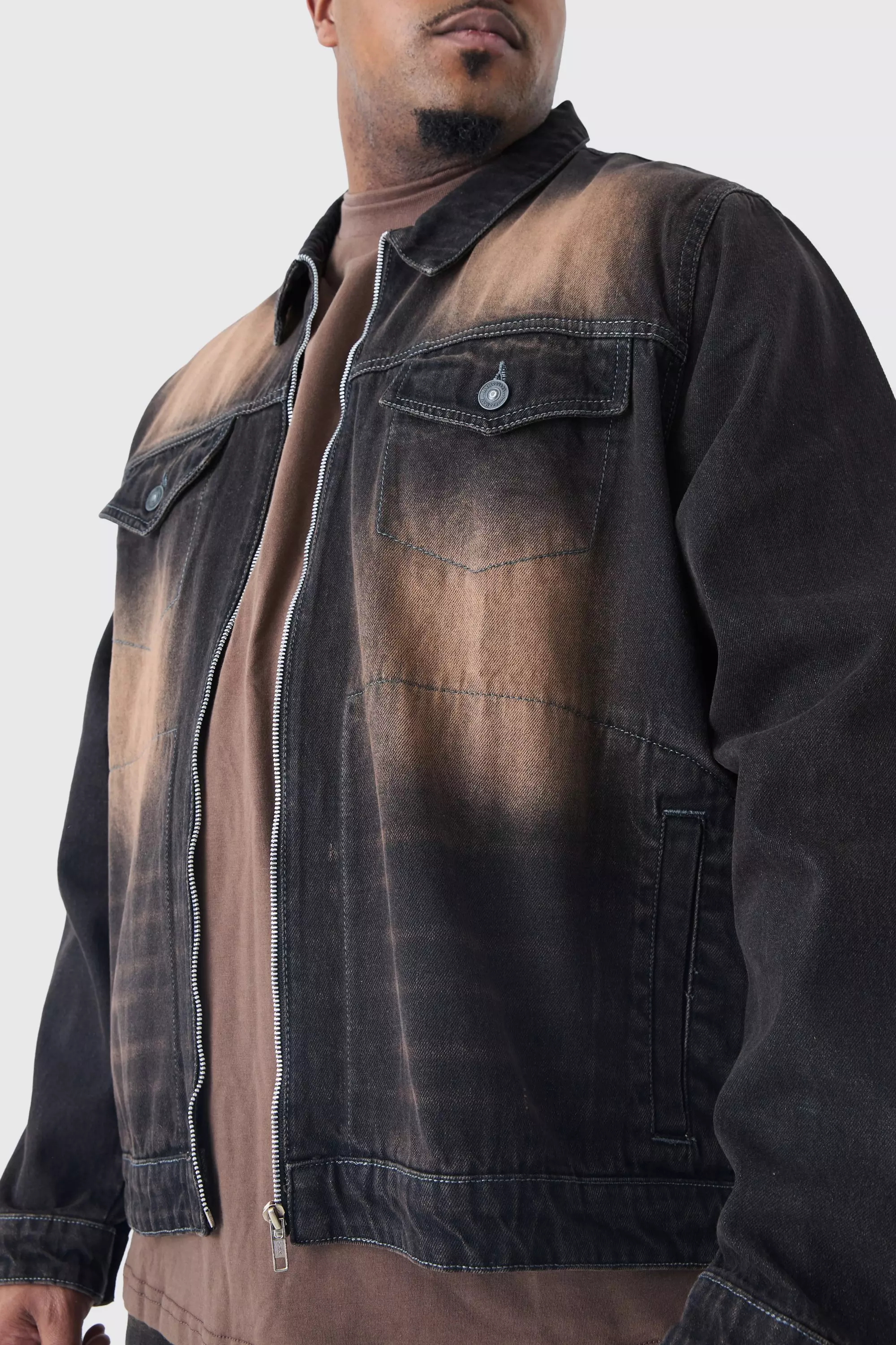 Plus Zip Through Washed Denim Jacket Brown