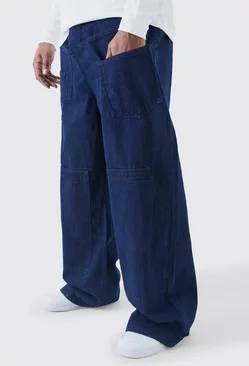 Plus Baggy Rigid Multi Pocket Carpenter Jeans Indigo
