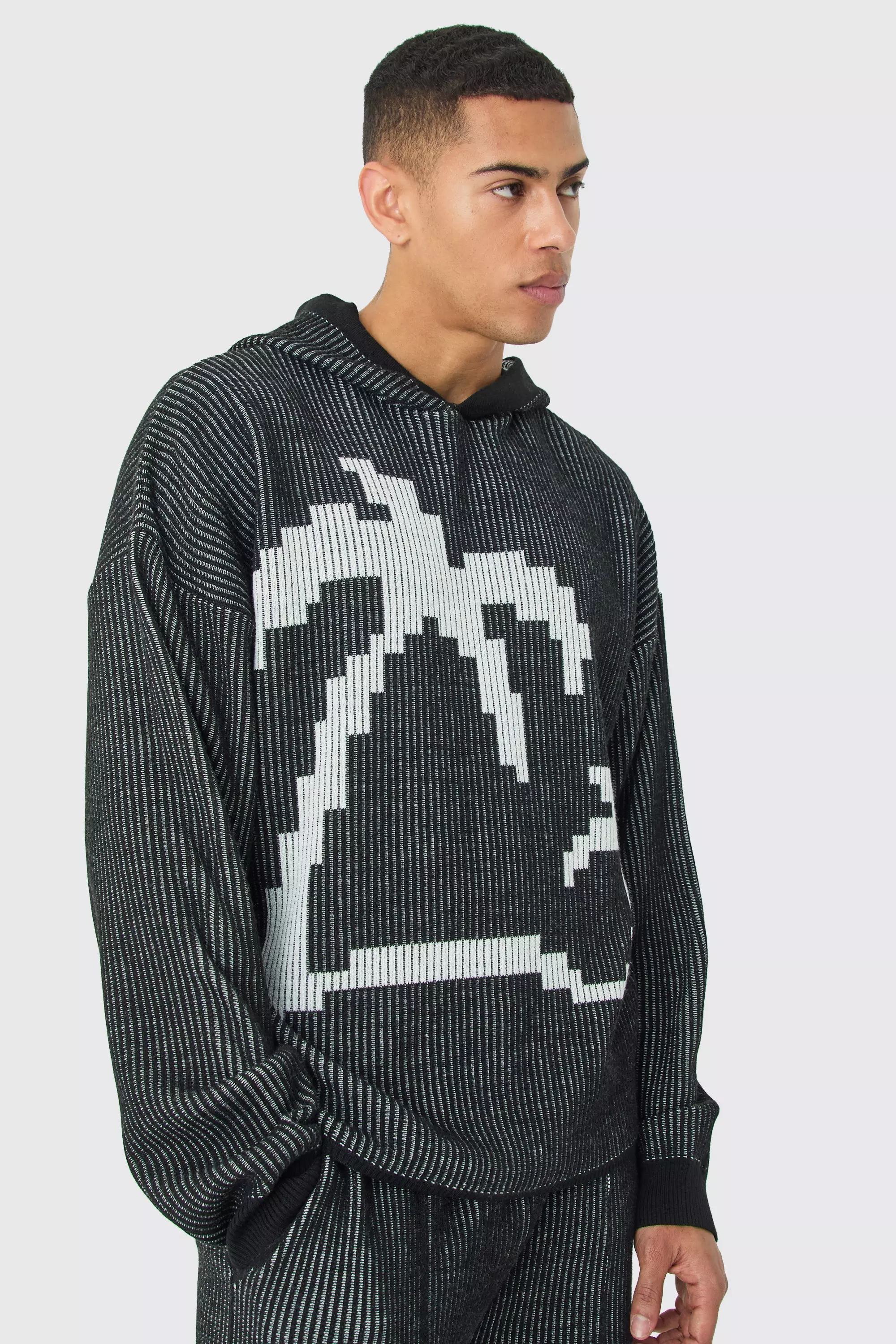 Oversized Boxy Palm Ribbed Knitted Hoodie Black