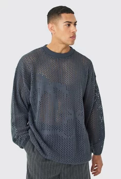 Grey Oversized Open Stitch Palm Knitted Jumper