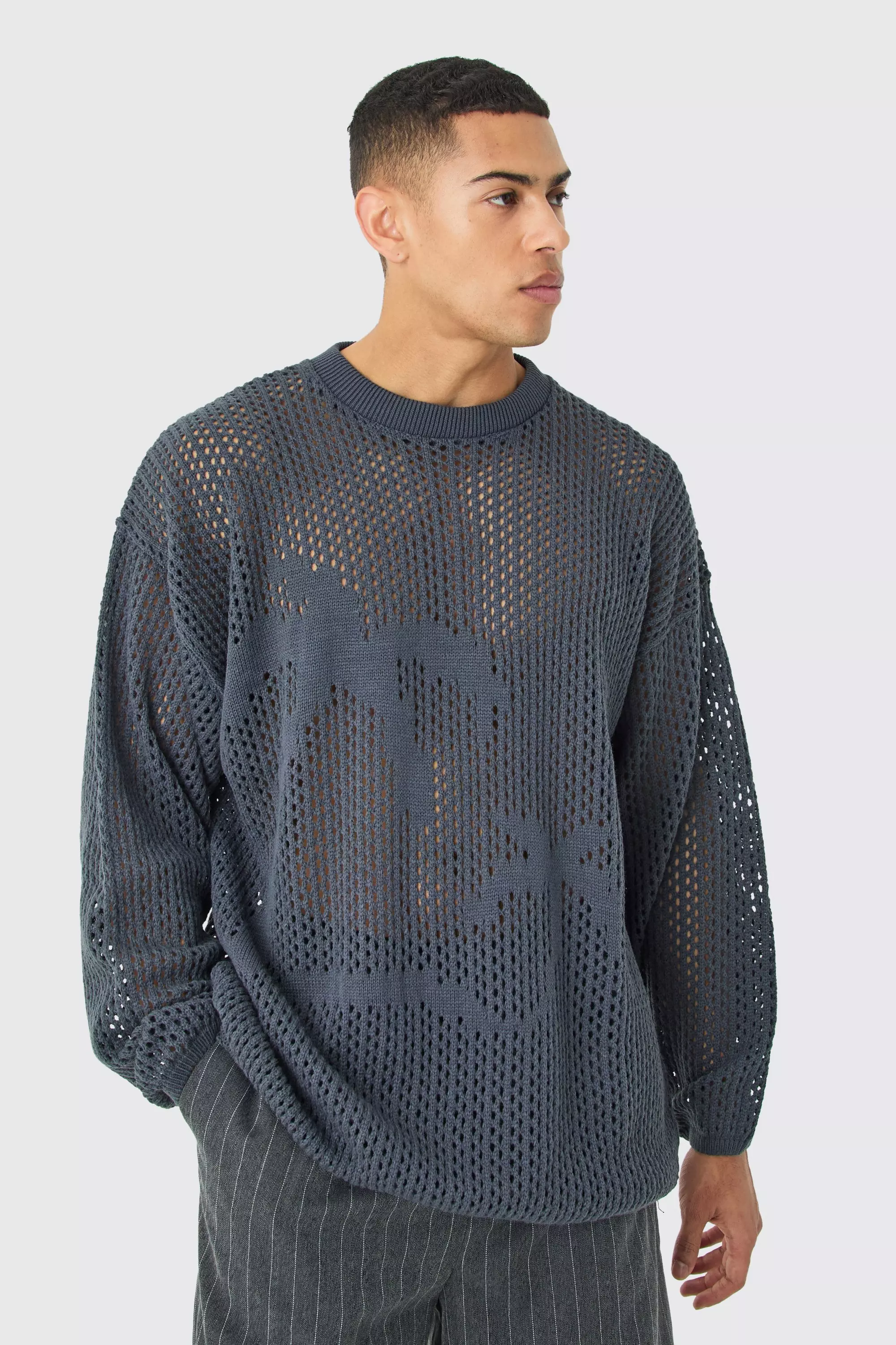 Oversized Open Stitch Palm Knitted Jumper Grey
