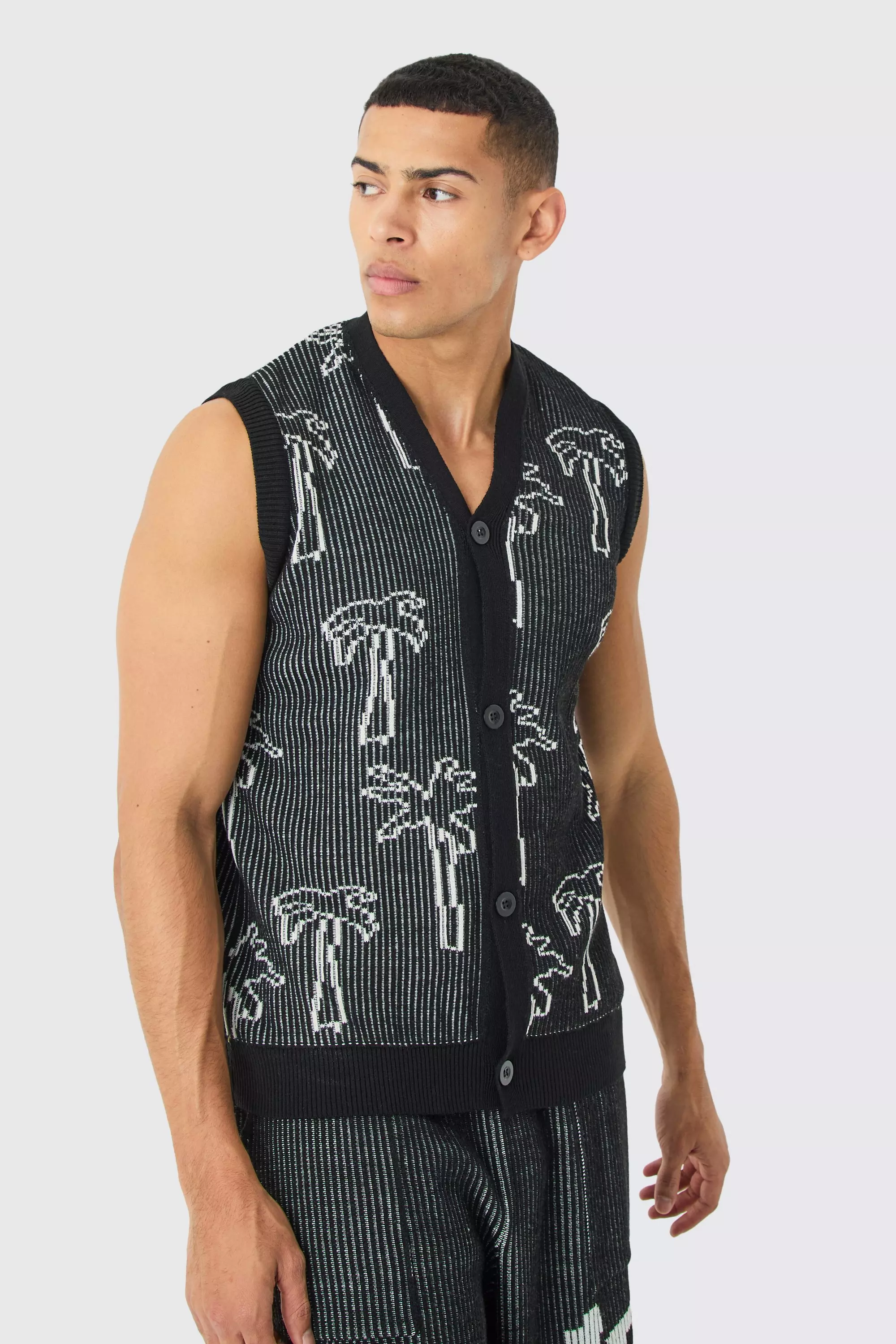 Button Through Palm Ribbed Knit Vest Black