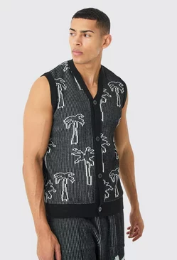 Black Button Through Palm Ribbed Knit Vest