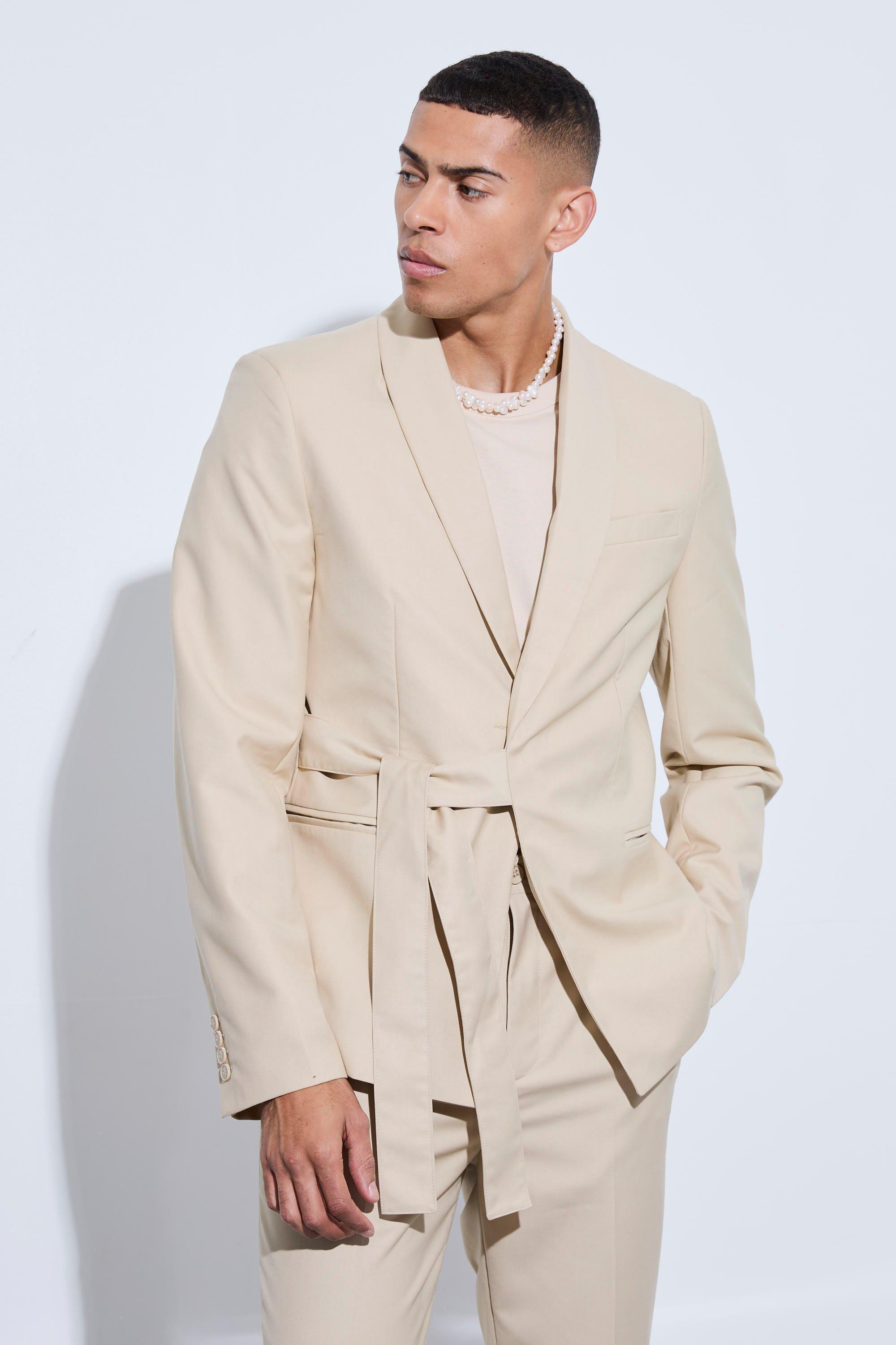 Sand Slim Fit Wikkel Blazer Met Ceintuur