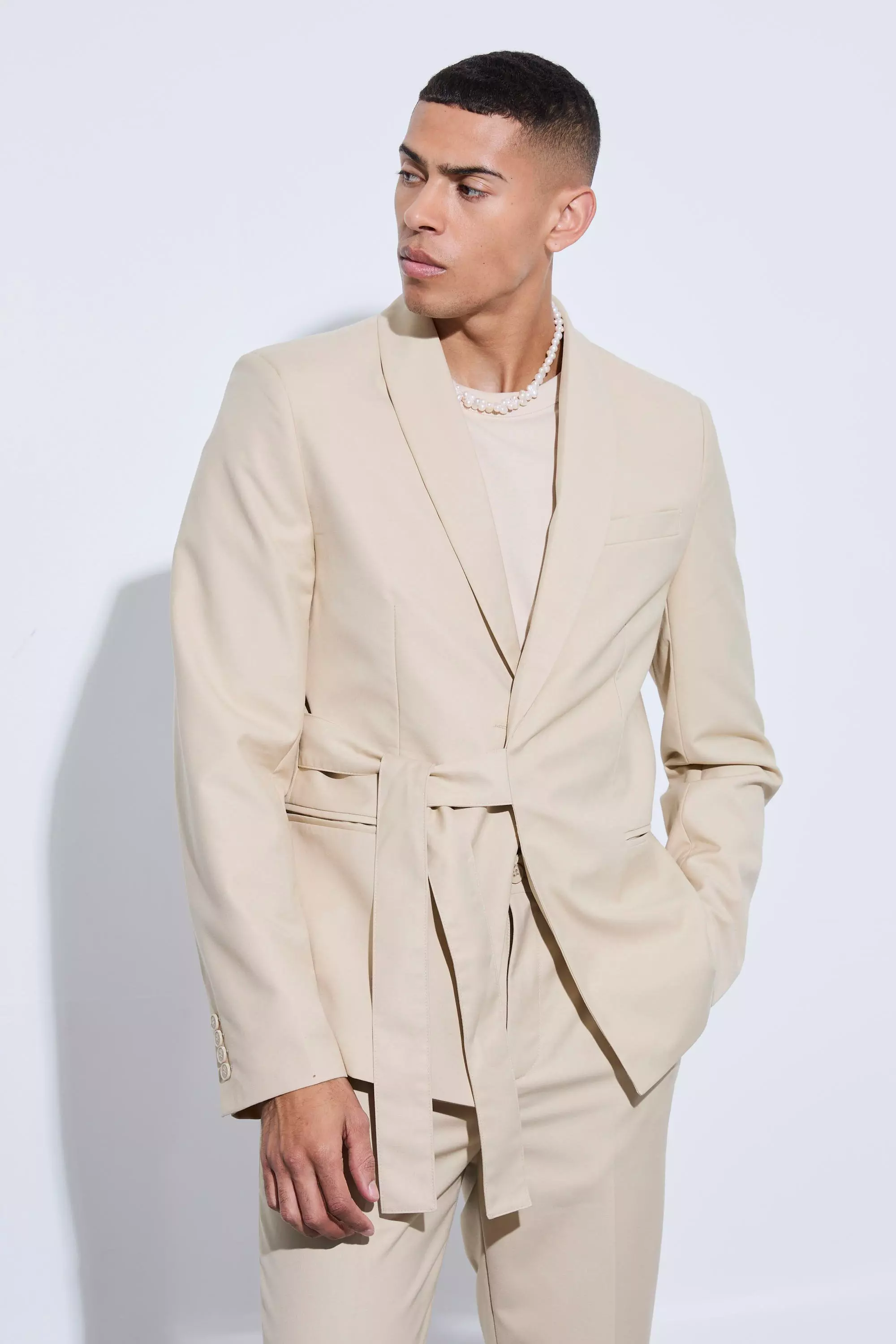 Slim Fit Wrap Tie Blazer Sand