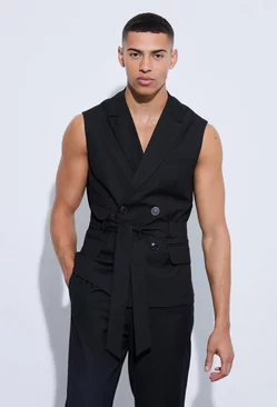 Sleeveless Belted Double Breasted Blazer Black