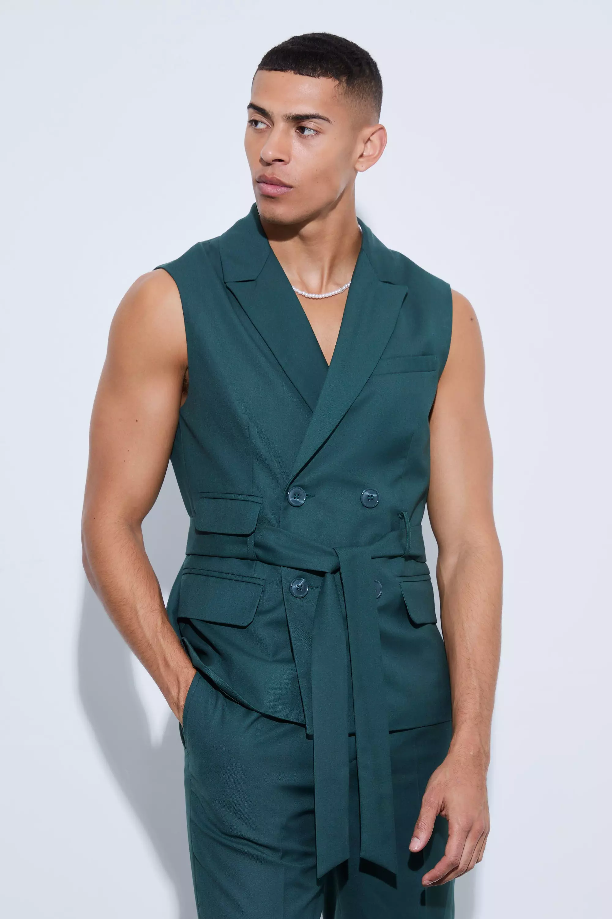 Green Sleeveless Belted Double Breasted Blazer