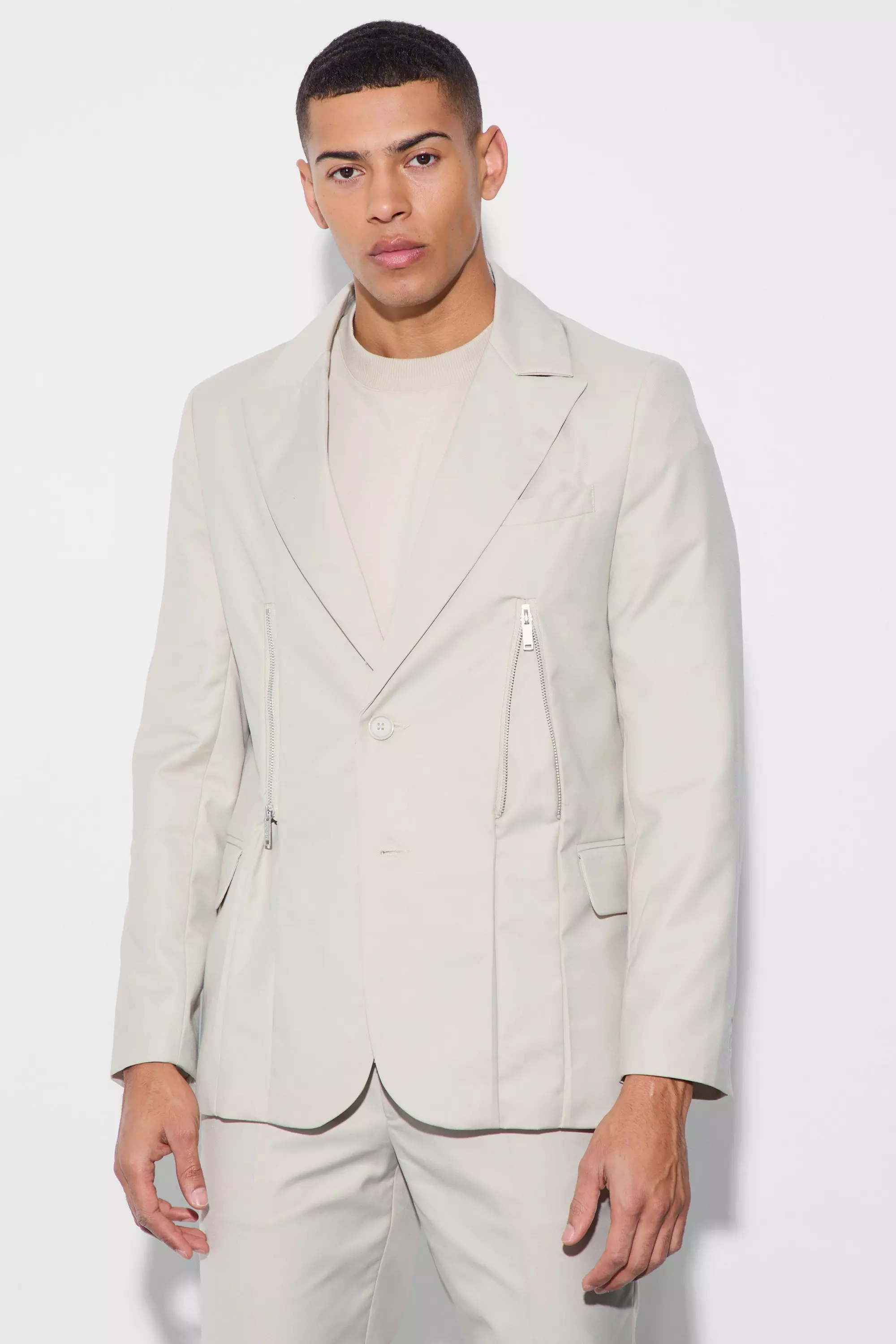 Skinny Fit Zip Dart Suit Jacket Stone