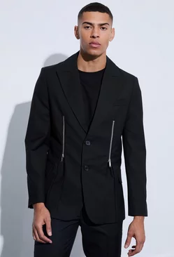 Black Skinny Fit Zip Hem Suit Jacket