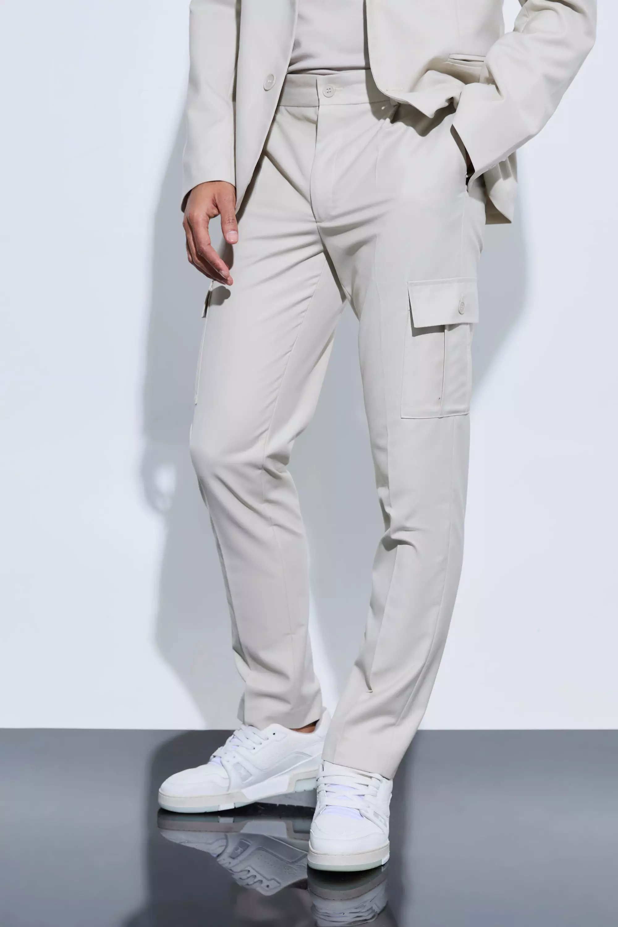 Skinny Fit Cargo Suit Trousers Stone