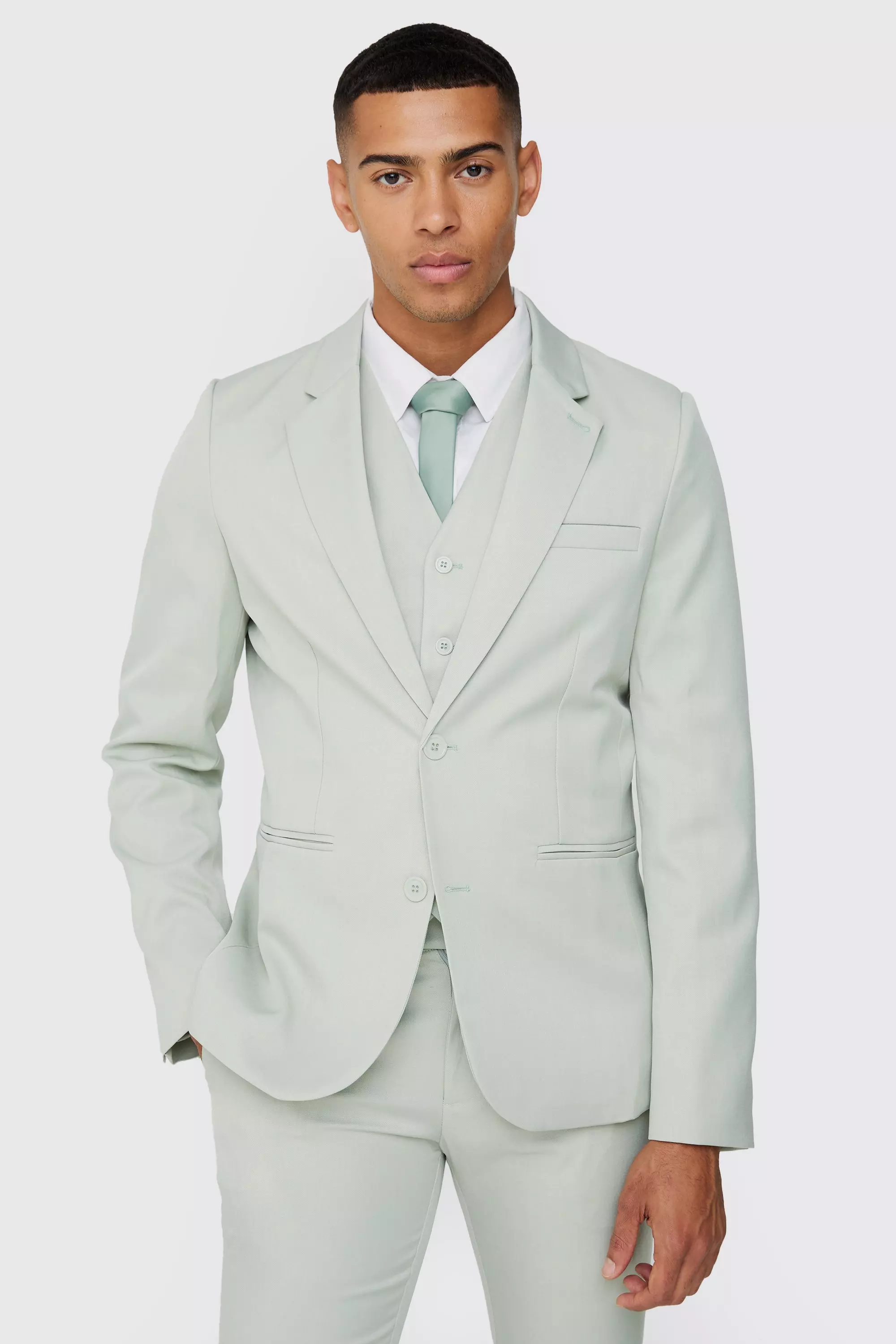 Sage Green Textured Slim Single Breasted Suit Jacket