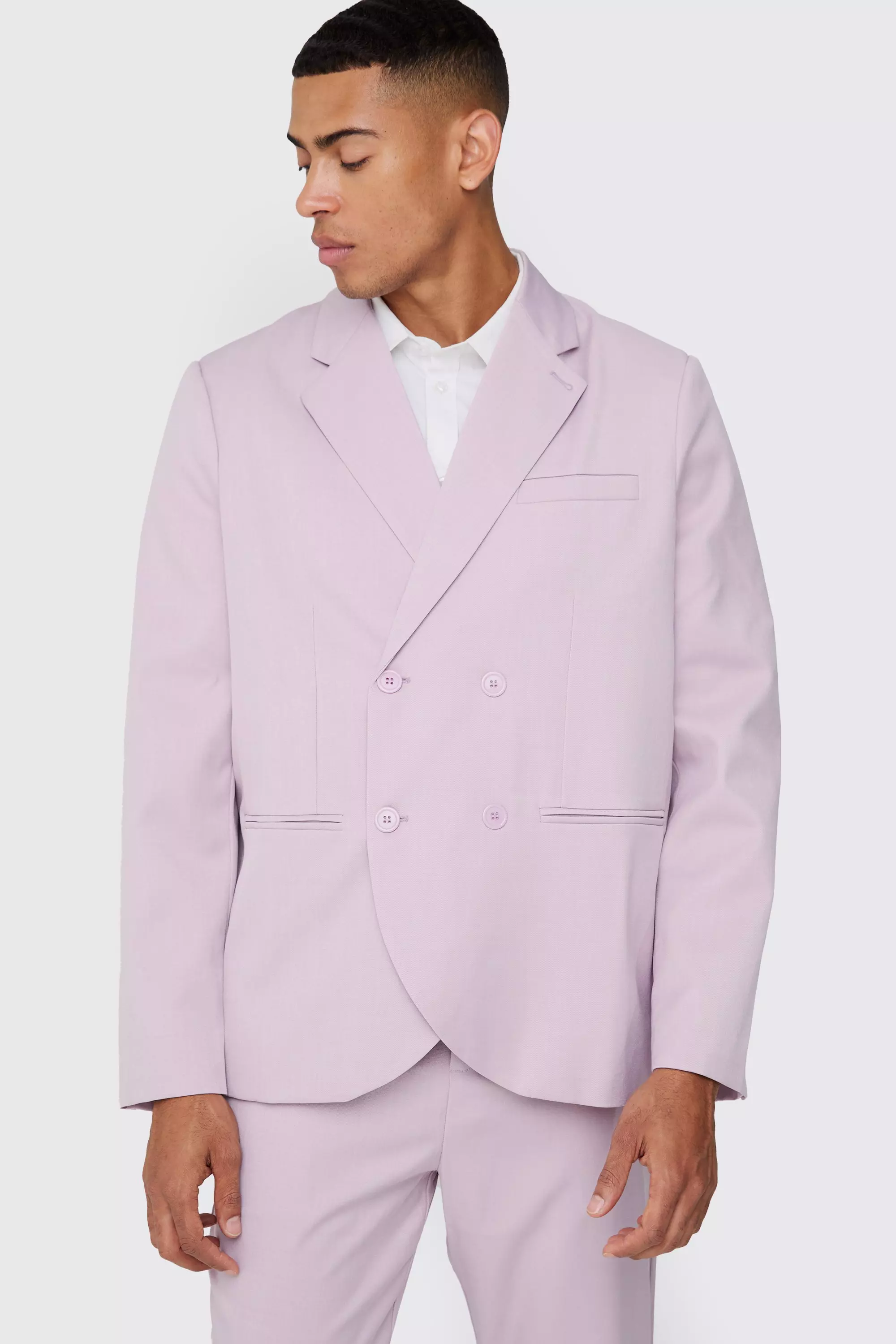 Lilac Purple Textured Double Breasted Suit Jacket