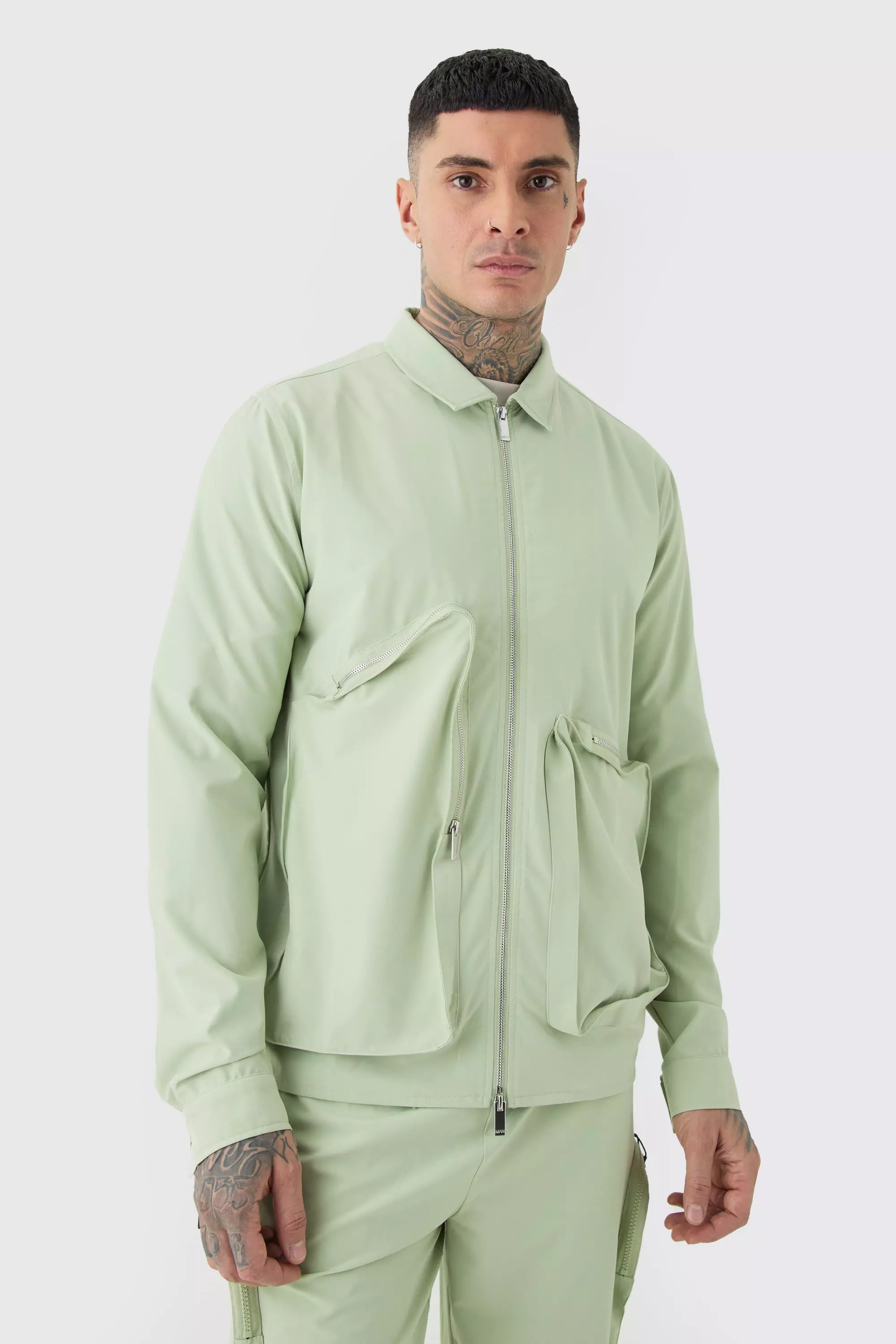 Sage Green Tall Technical Stretch Harrington Asymmetrical Jacket