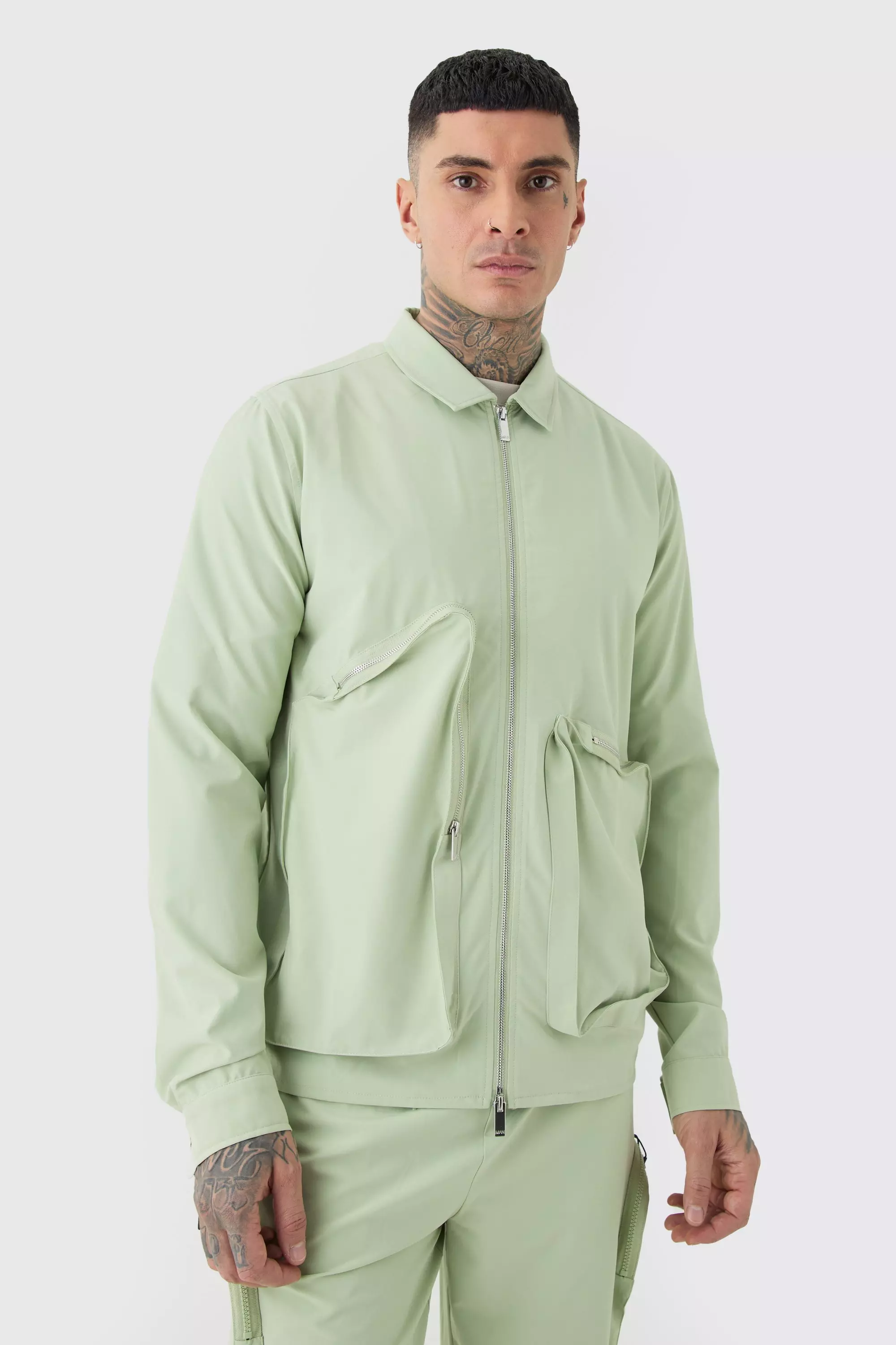 Sage Green Tall Technical Stretch Harrington Aysmmetrical Jacket