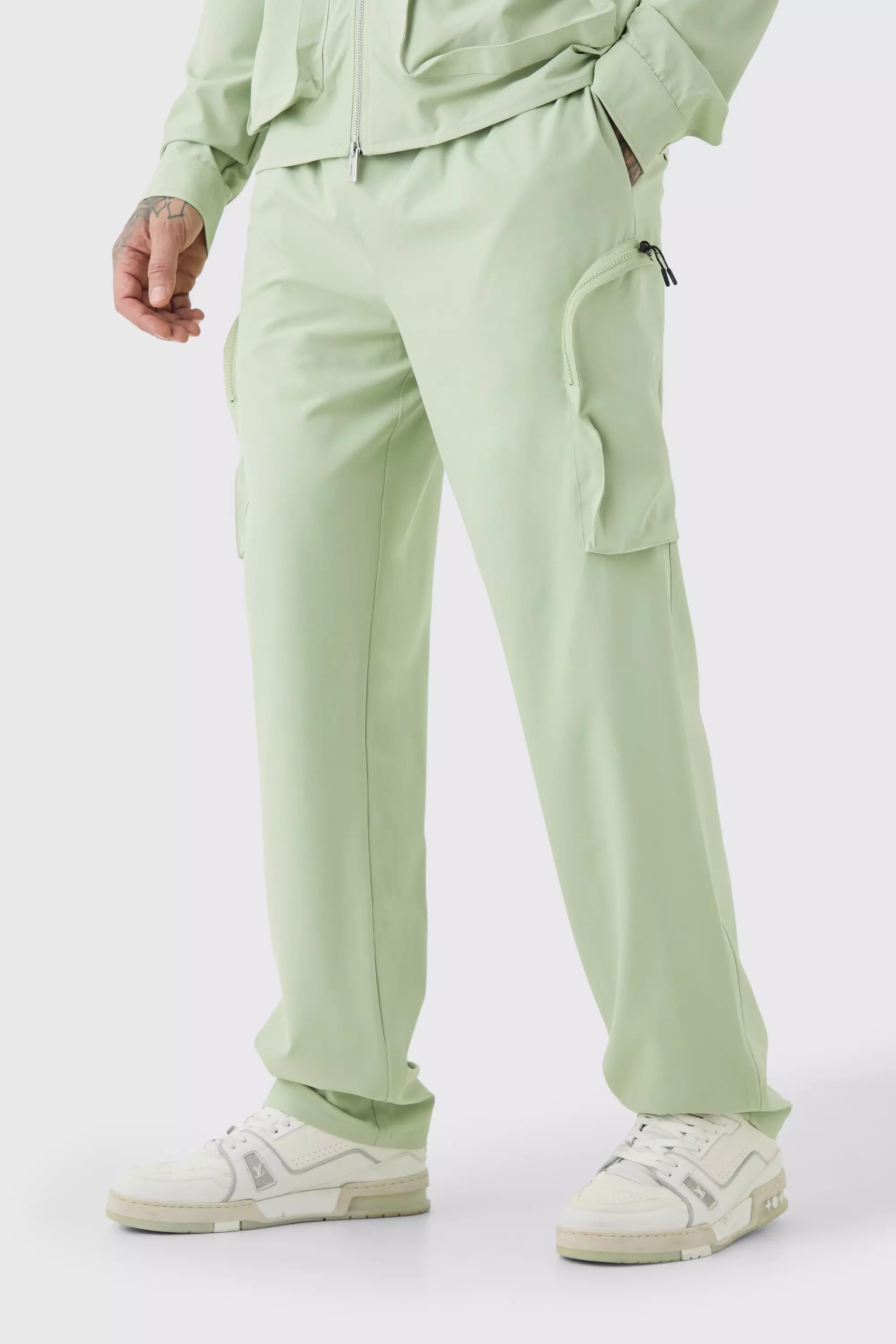 Sage Green Tall Technical Stretch Elasticated Waist Zip Cargo Trouser