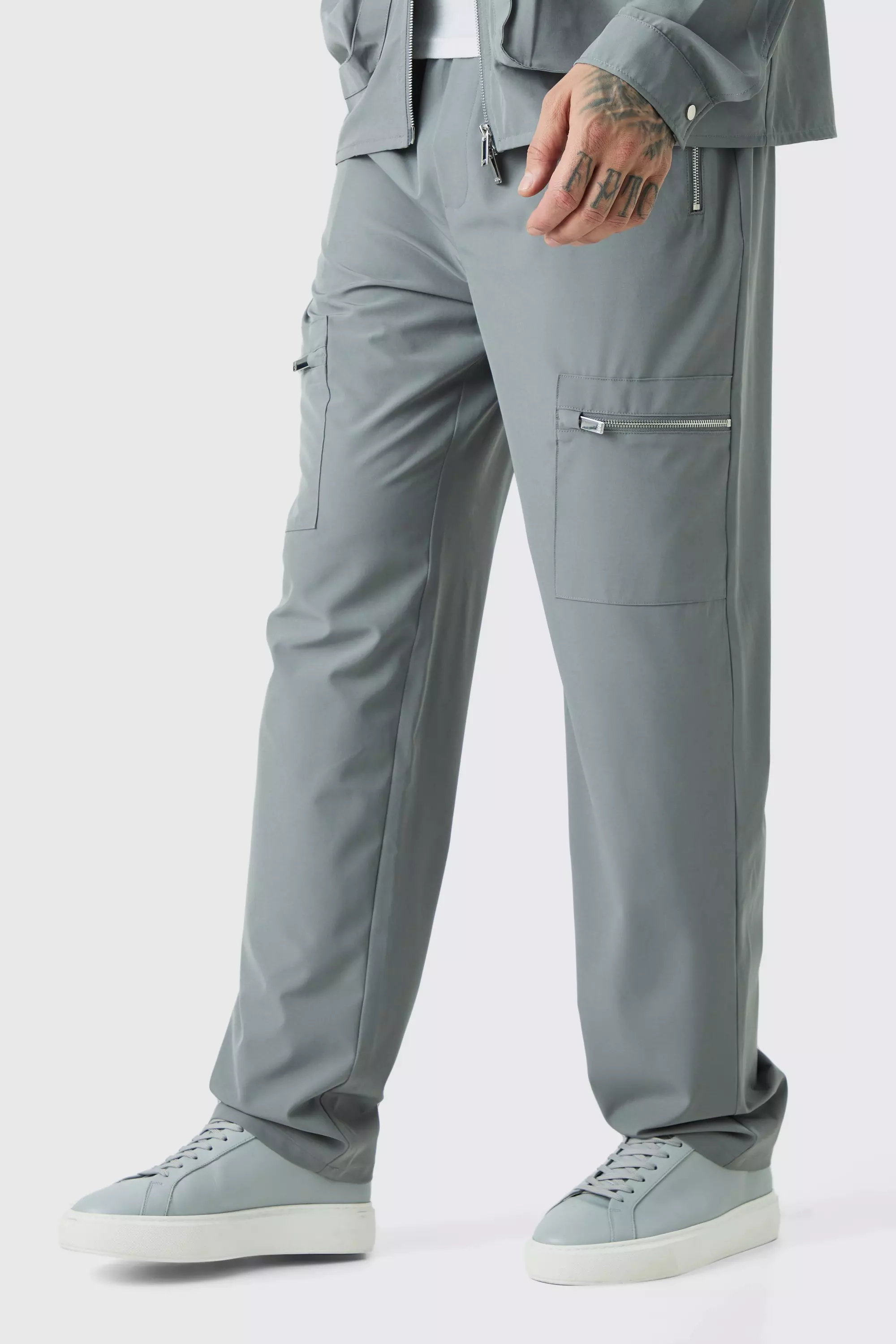 Charcoal Grey Tall Technical Stretch Elasticated Waist Utility Cargo Pants