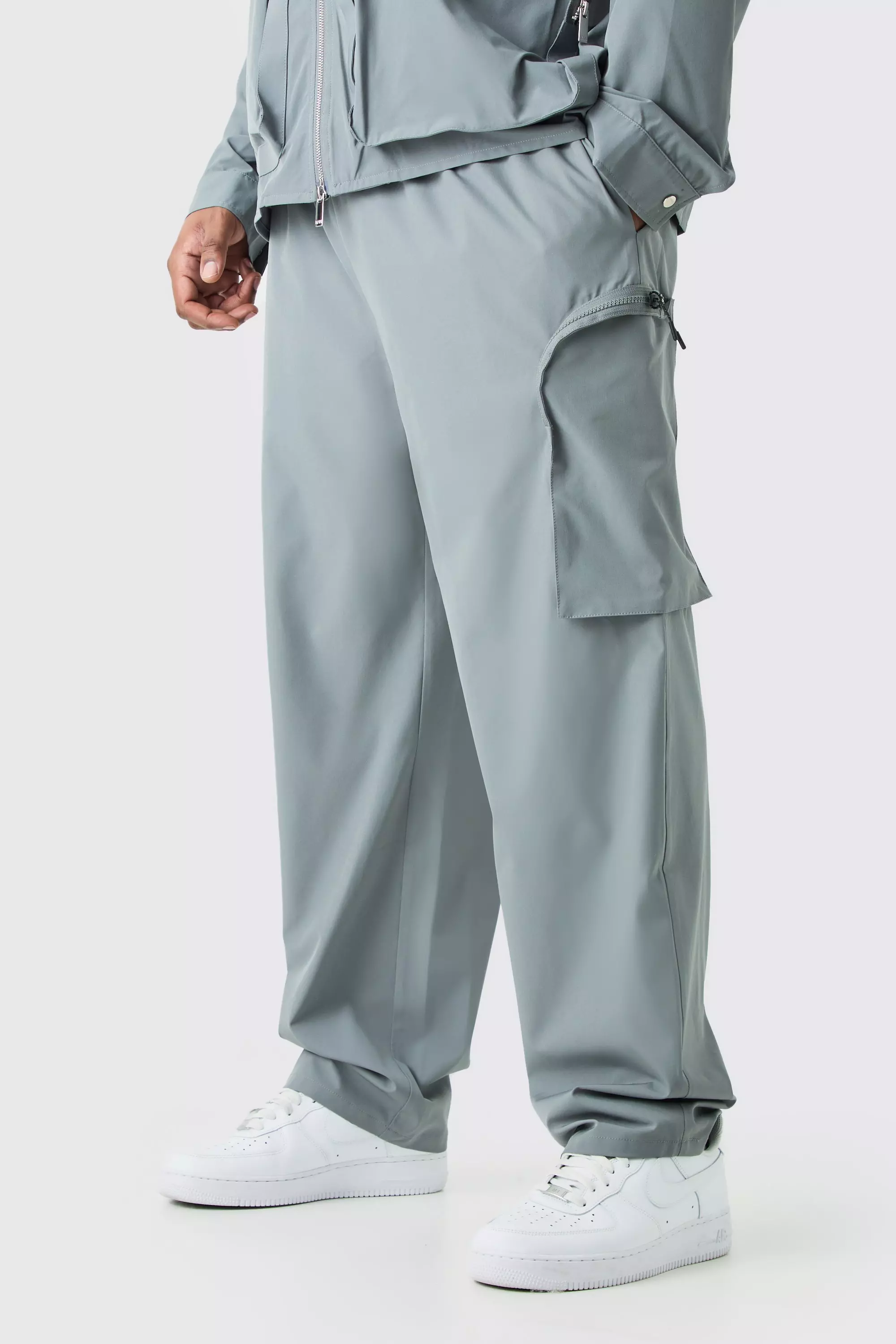 Plus Technical Stretch Elasticated Waist Zip Cargo Trouser Charcoal