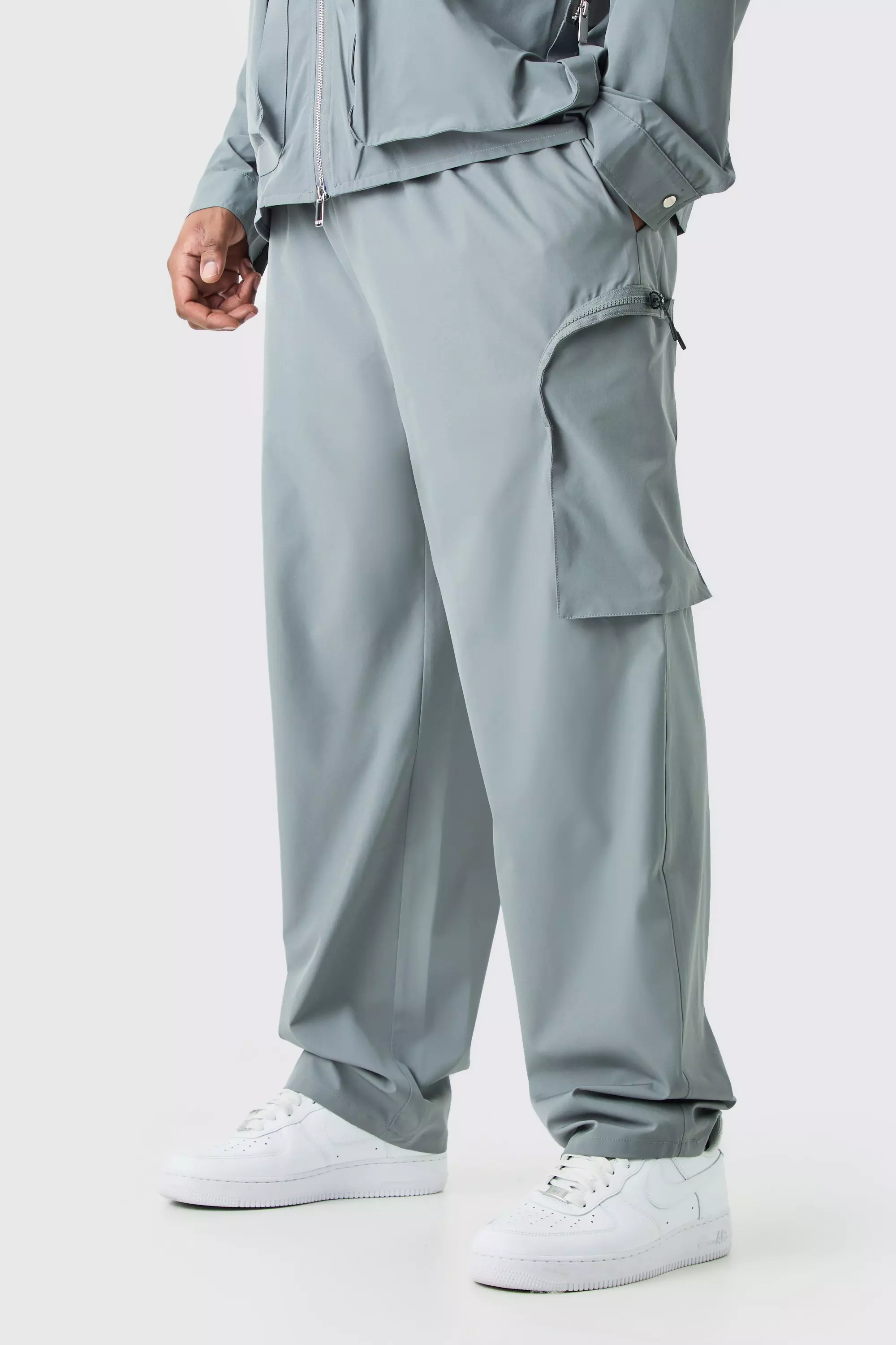 Charcoal Grey Plus Technical Stretch Elasticated Waist Zip Cargo Trouser