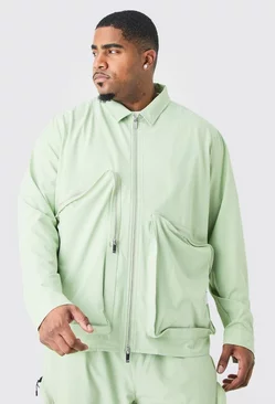Sage Green Plus Technical Stretch Harrington Aysmmetrical Jacket