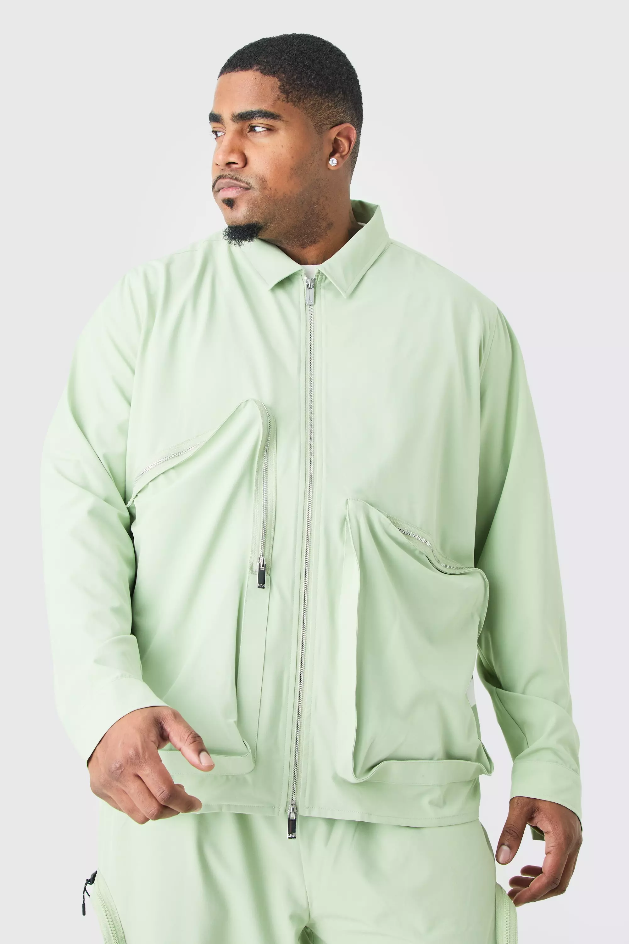 Sage Green Plus Technical Stretch Harrington Aysmmetrical Jacket