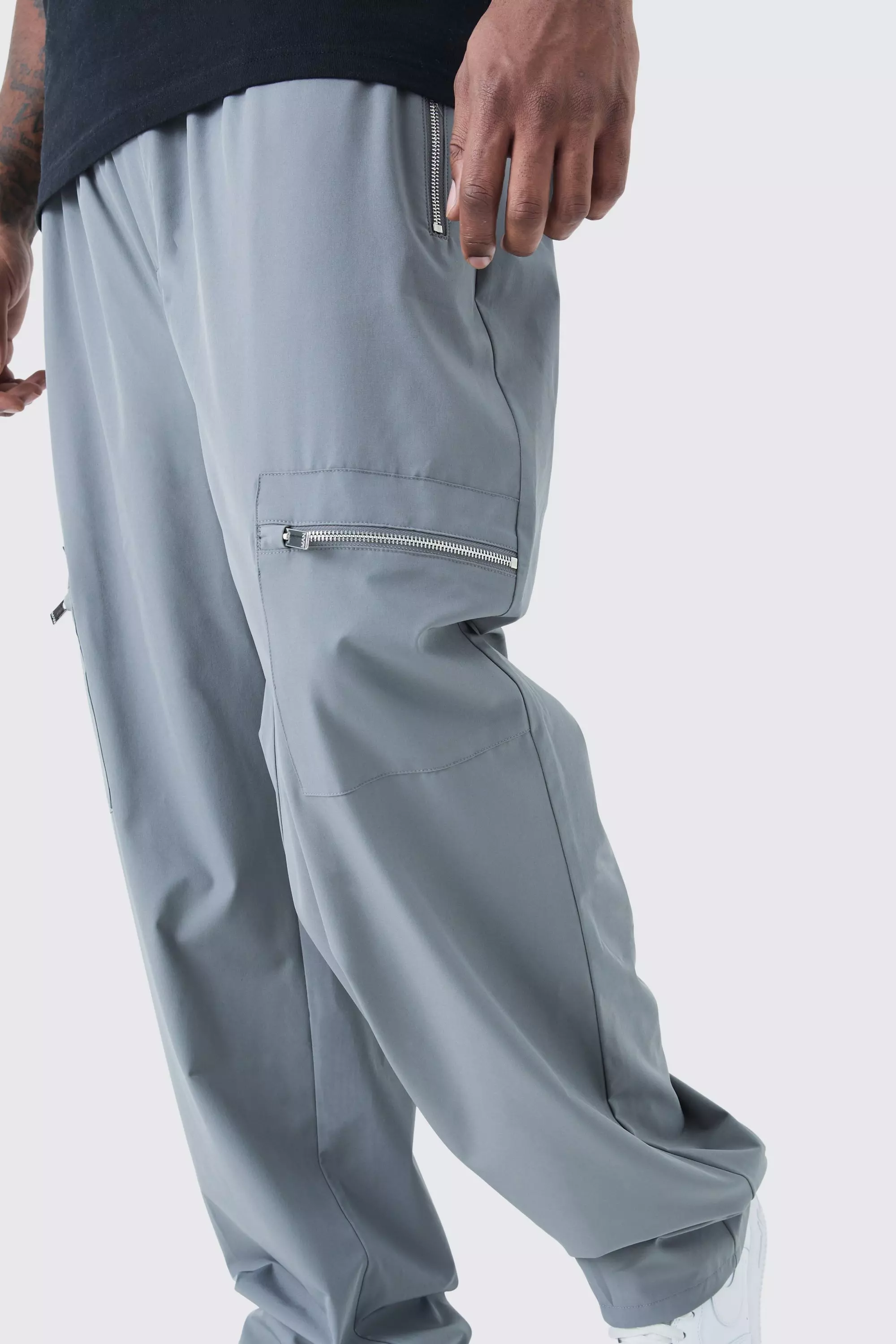 Plus Technical Stretch Elasticated Waist Utility Cargo Pants Charcoal