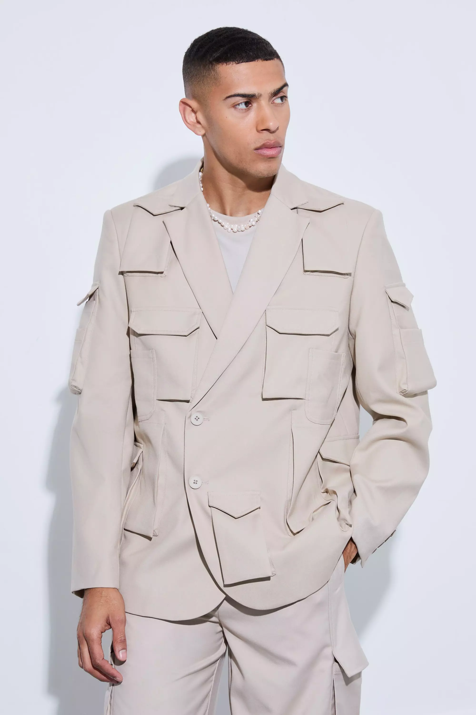 Stone Beige Extreme Pocket Oversized Blazer