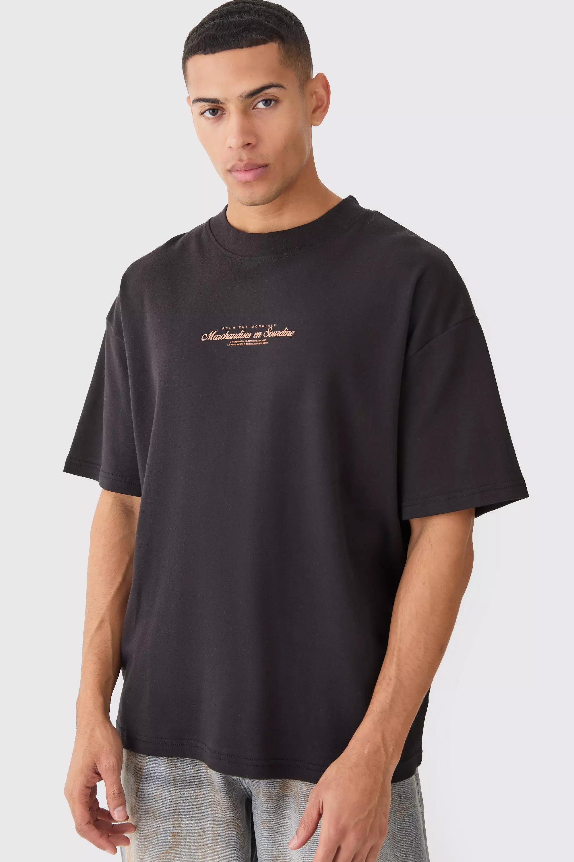Black Oversized Extended Neck Printed T-shirt alternative image
