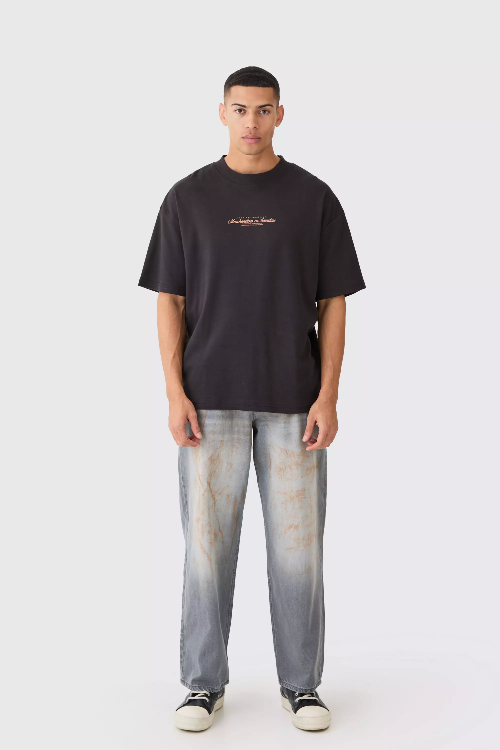 Black Oversized Extended Neck Printed T-shirt alternative image