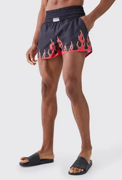 Fighter Style Flame Printed Swim Shorts Black