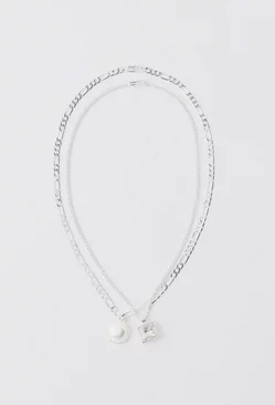 Multi Layer Pearl Pendant Necklace Silver