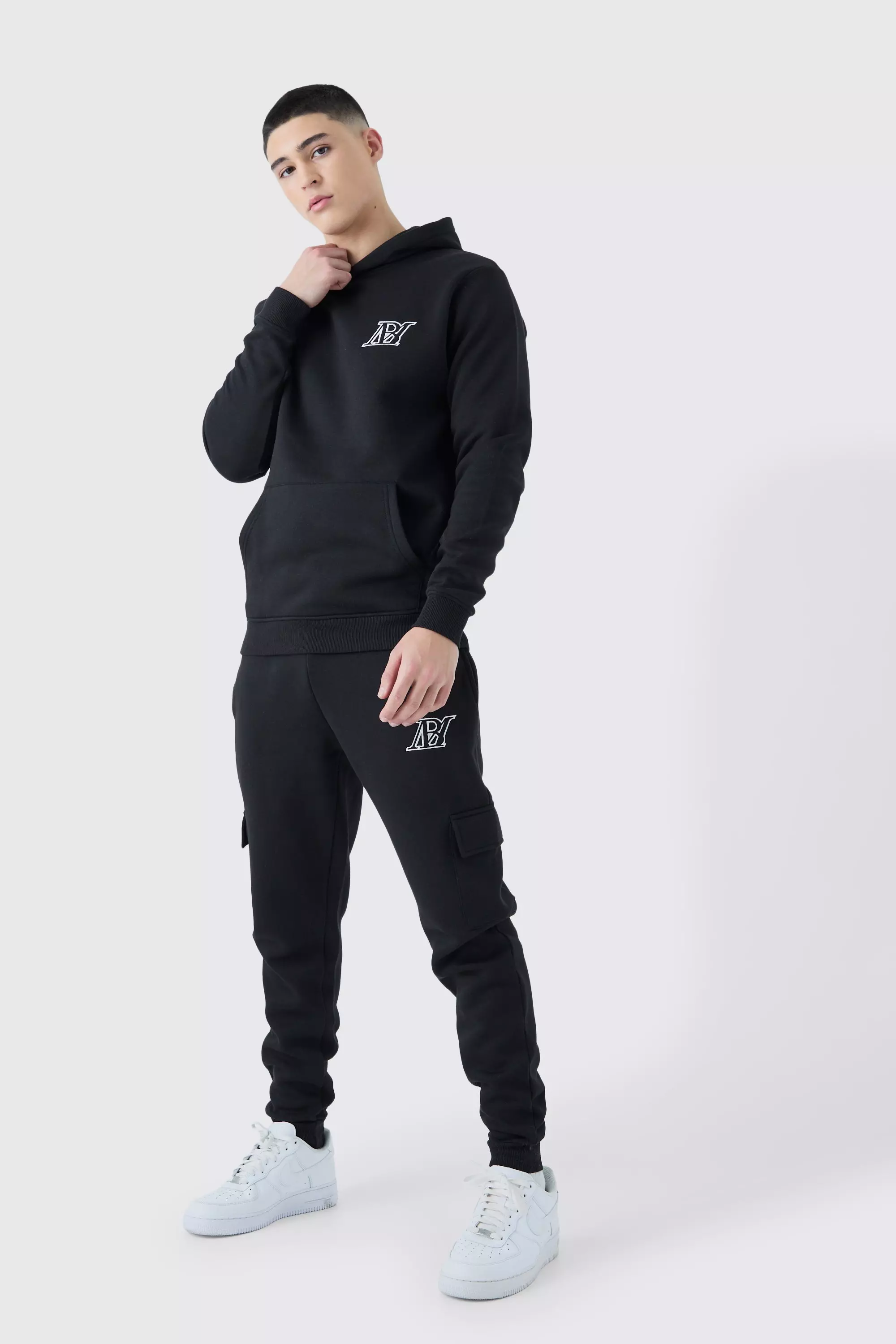 Black Slim Fit Embroidered Cargo Tracksuit