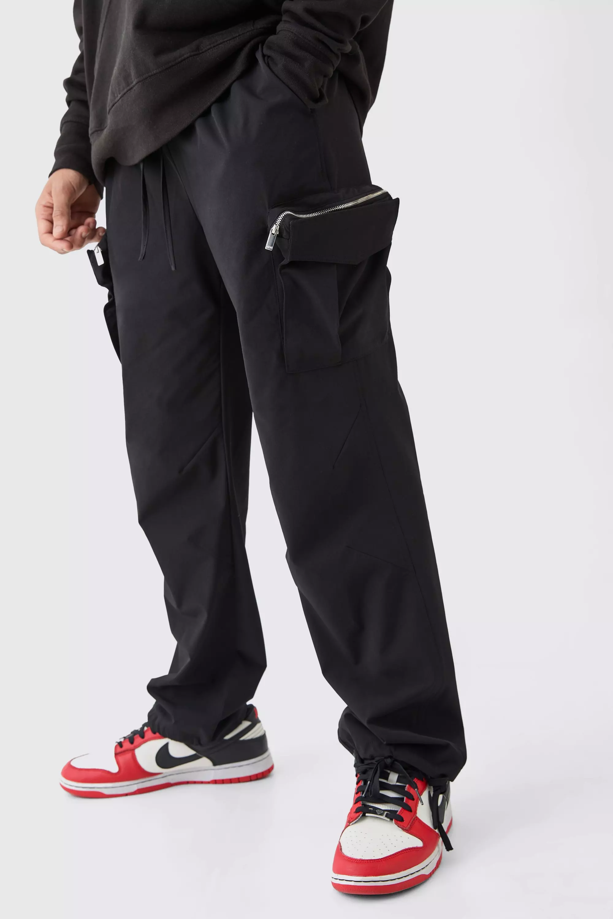 Black Technical Stretch Straight Fit Cargo Pants