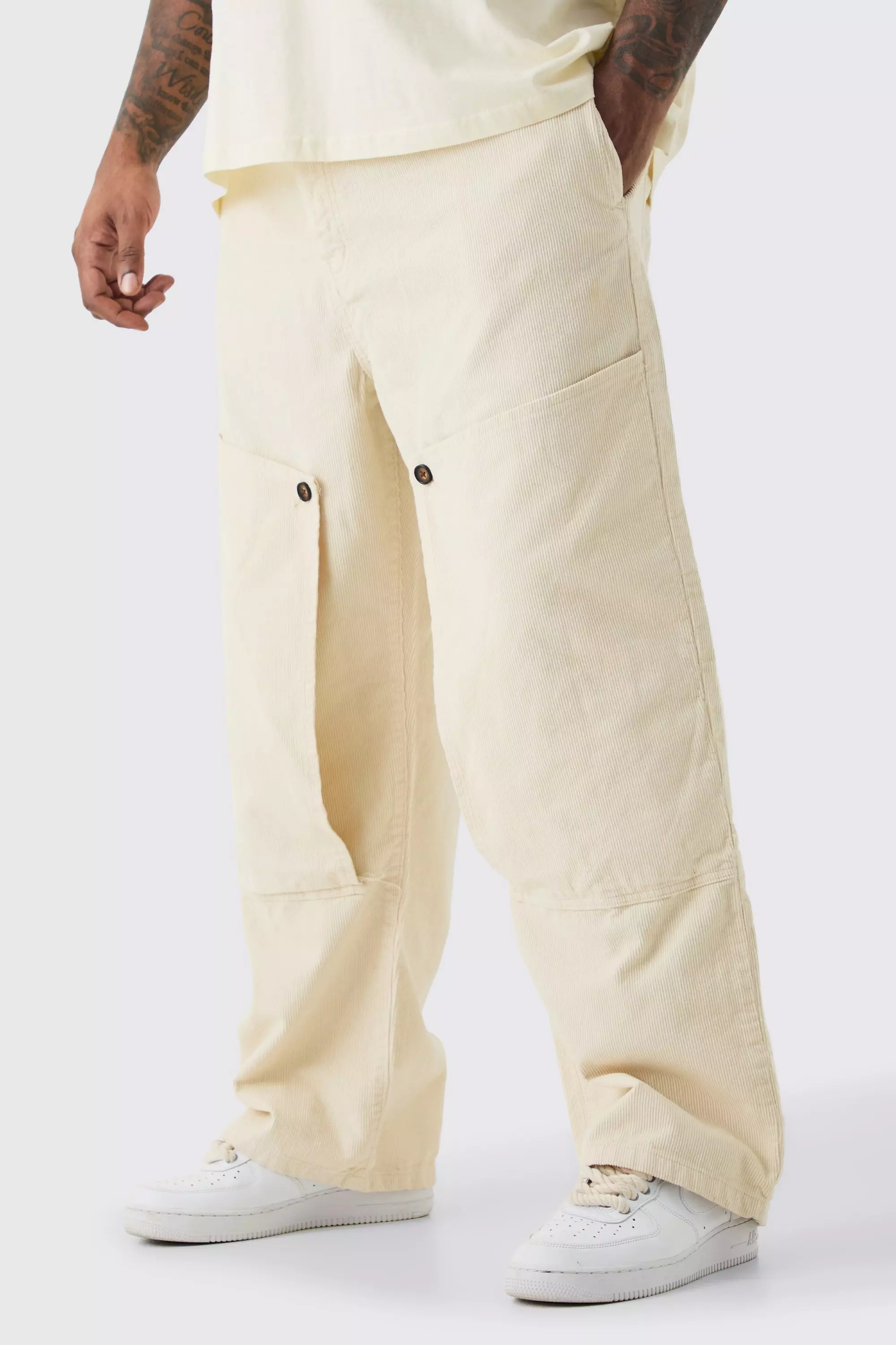 Stone Beige Plus Fixed Waist Cord Relaxed Carpenter Trouser