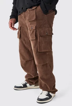 Brown Plus Fixed Waist Cord Relaxed Leg Cargo Trouser