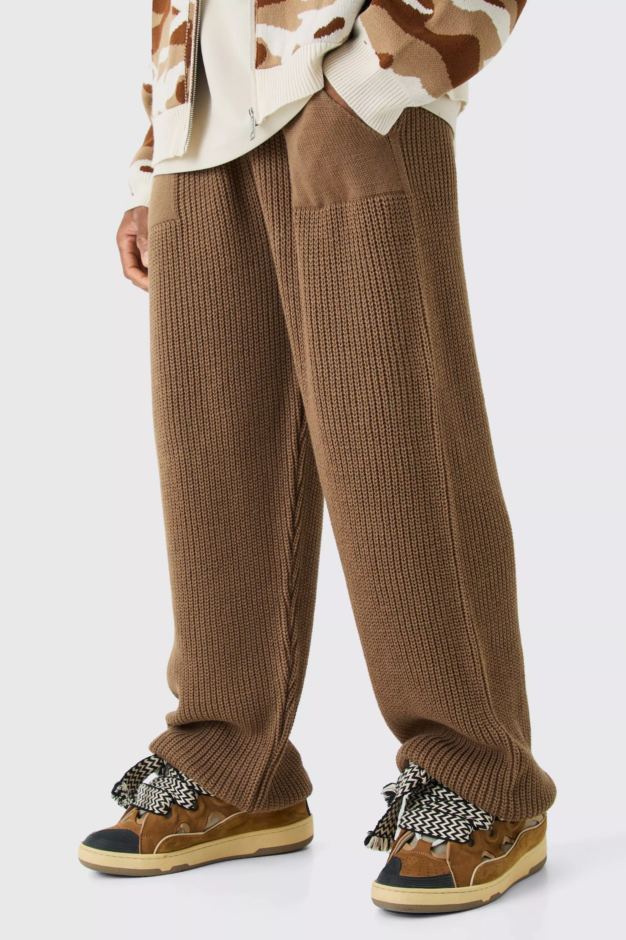 Taupe Beige Relaxed Fit Ribbed Knitted Joggers